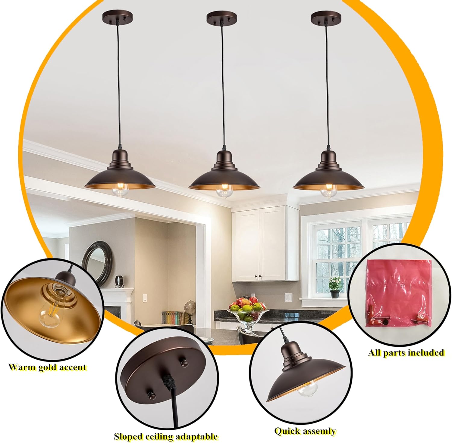 Oil Rubbed Bronze Hanging Light Fixture, Farmhouse Metal Kitchen Pendant Light Over Table, 1-Light Adjustable Hanging Lights for Foyer, Hallway, Kitchen Island, Dinning Room