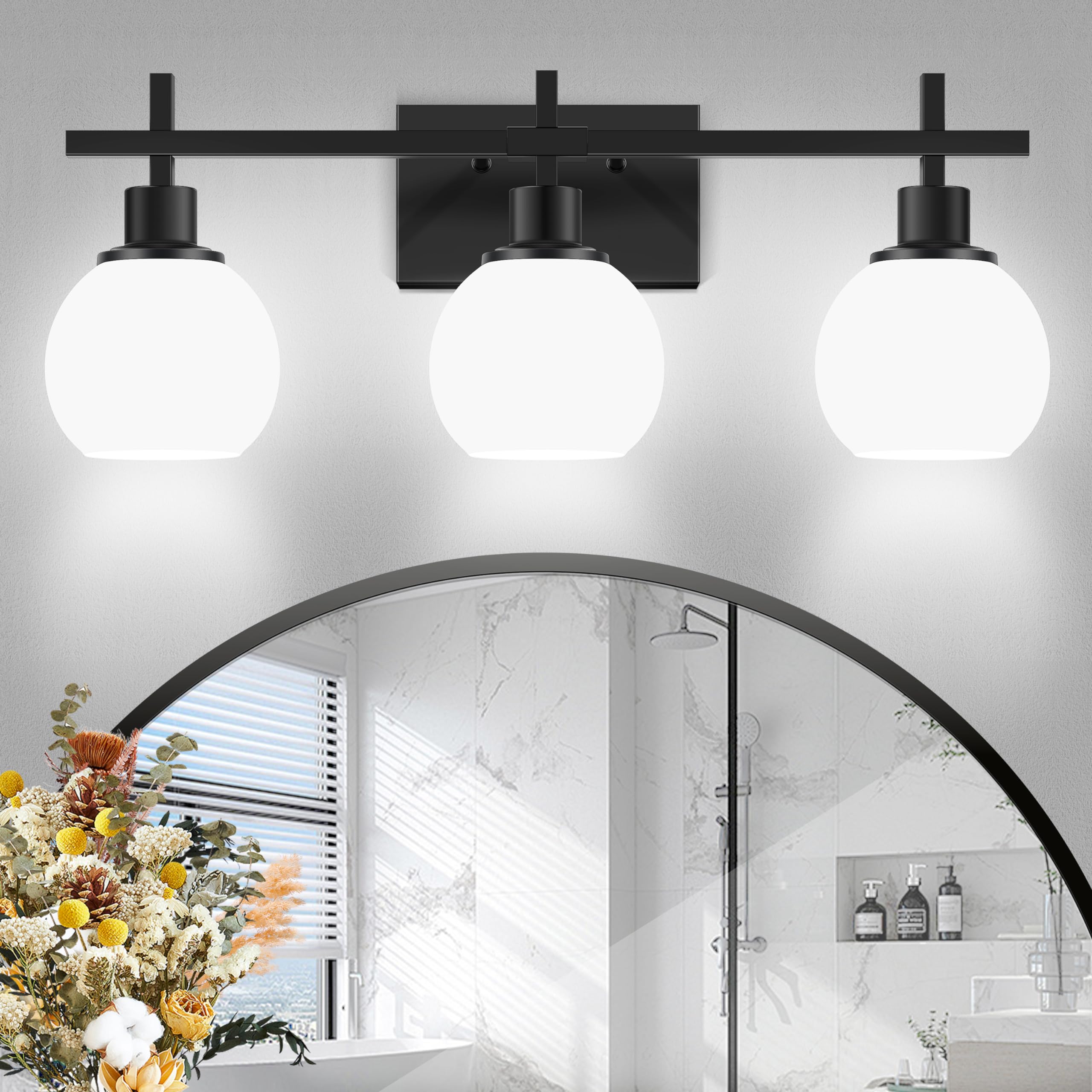 Modern Vanity Lighting Fixtures,3-Light Black Bathroom Lighting Fixtures Over Mirror，Bathroom Wall Mounted Vanity Light with Milky White Glass Lampshade for Living Room，Bedroom，Hallway