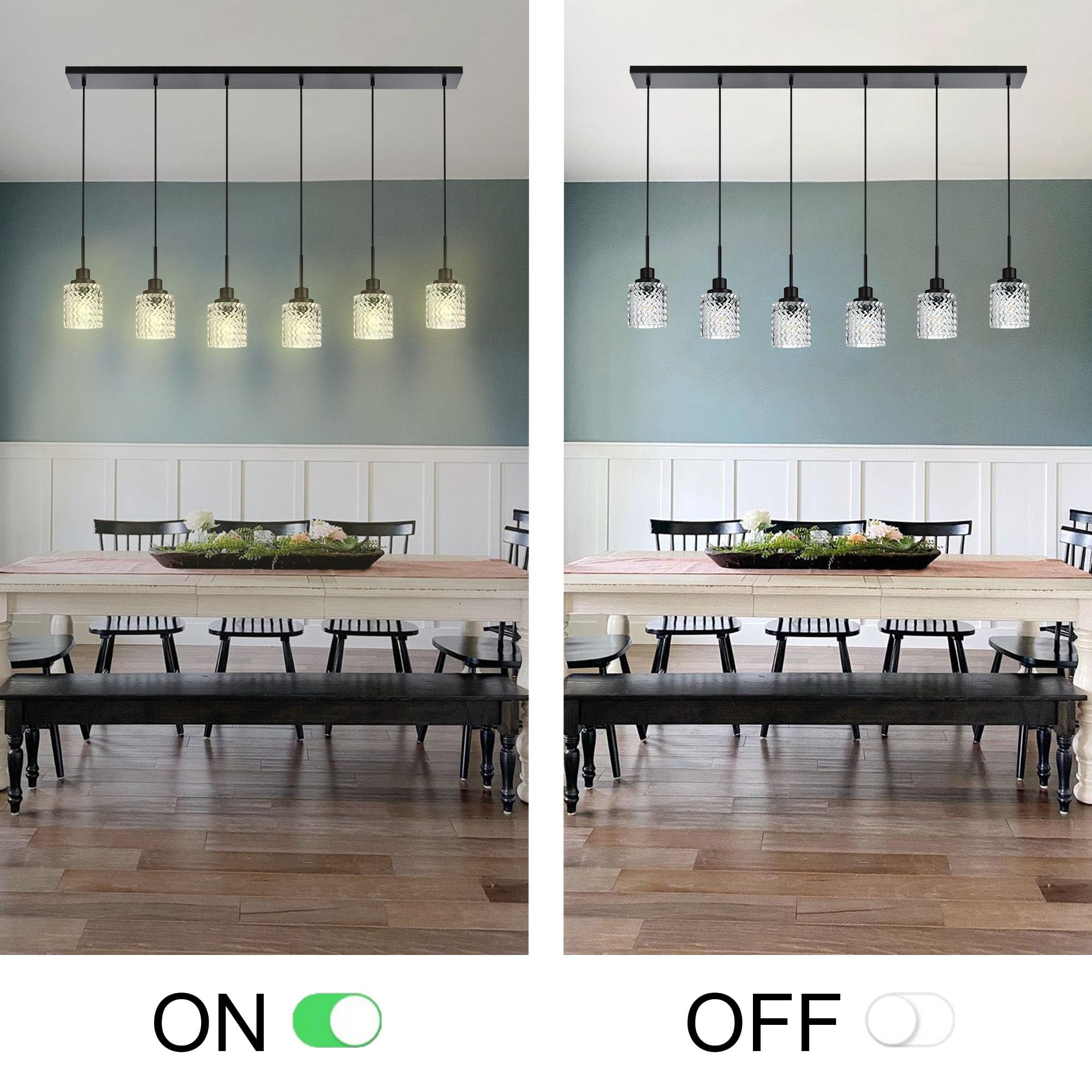 6 Lights Linear Chandeliers for Dining Room, Black Island Lighting Fixture Hanging Pendant Lights with Hammered Glass Shade for Kitchen Island, Dining Hall, Bar