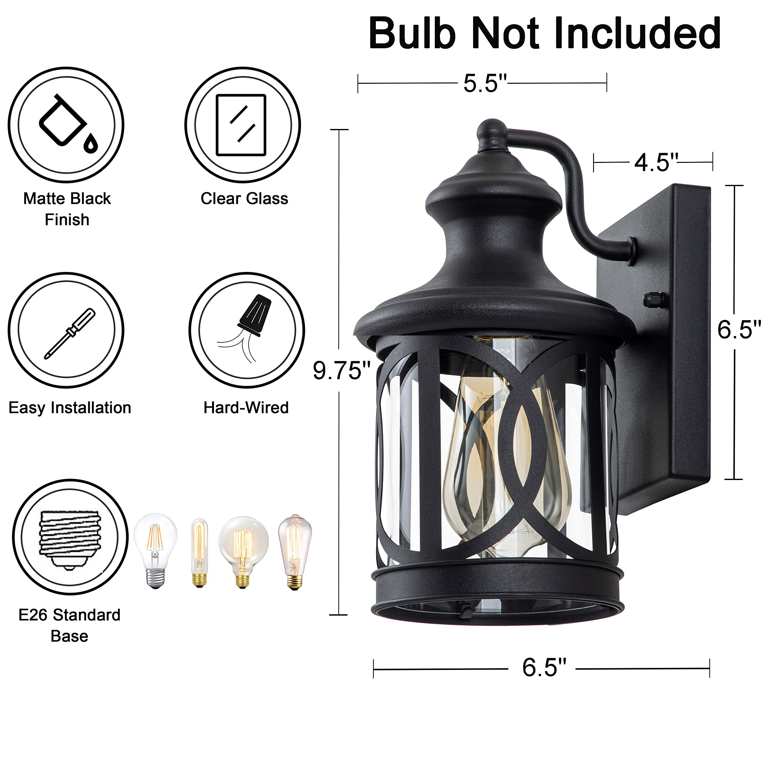 2-Pack Outdoor Wall Lights, Porch Lights, Waterproof Outdoor Wall Sconce, Exterior Light Fixture Matte Black with Clear Glass Shade for Garage Patio Front Door Balcony