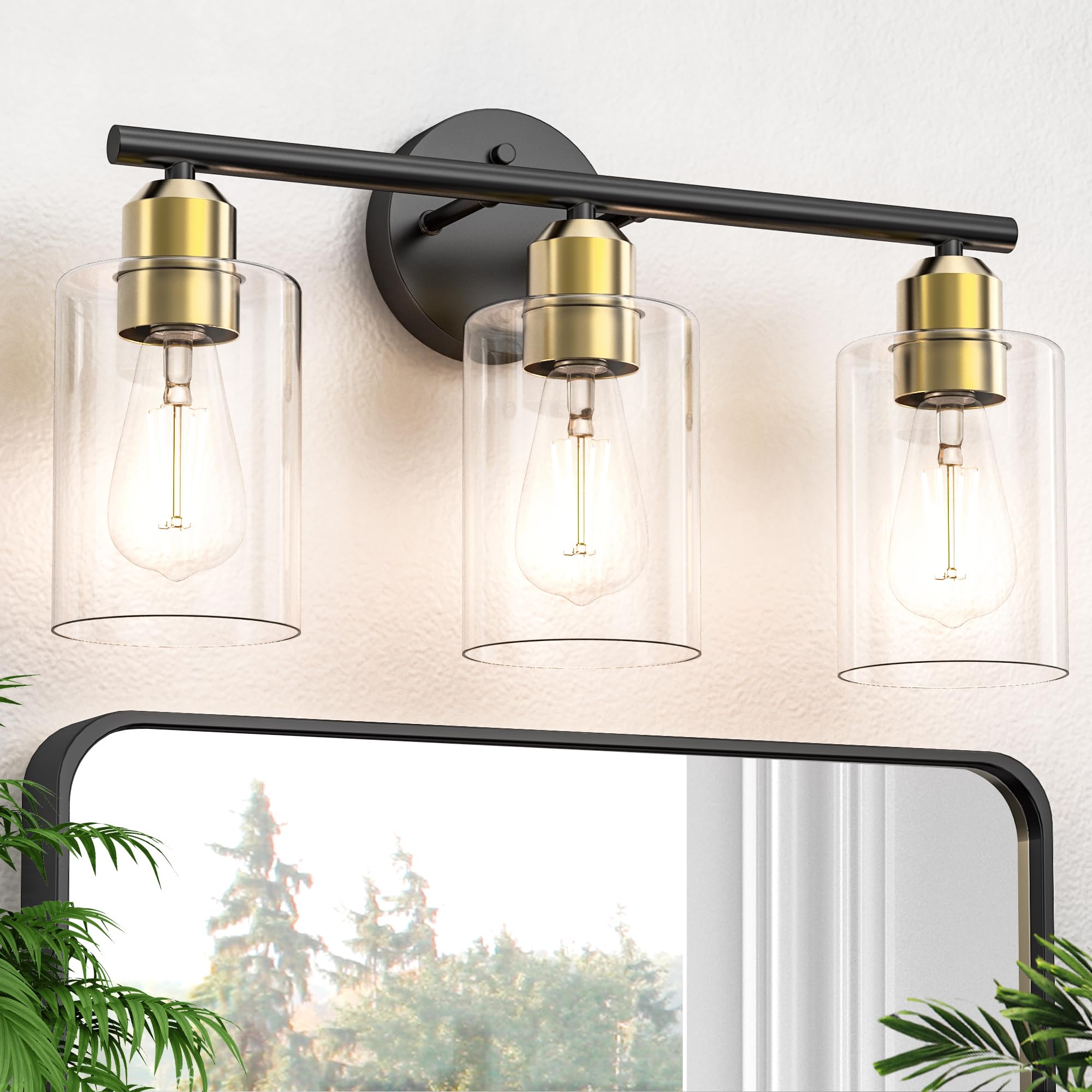 Bathroom Vanity Light Fixtures Matte Black Bathroom Lighting Fixture, 3 Lights Bathroom Light Fixture Over Mirror, Modern Black Vanity Light, UL Certified Wall Sconces with Glass Shades