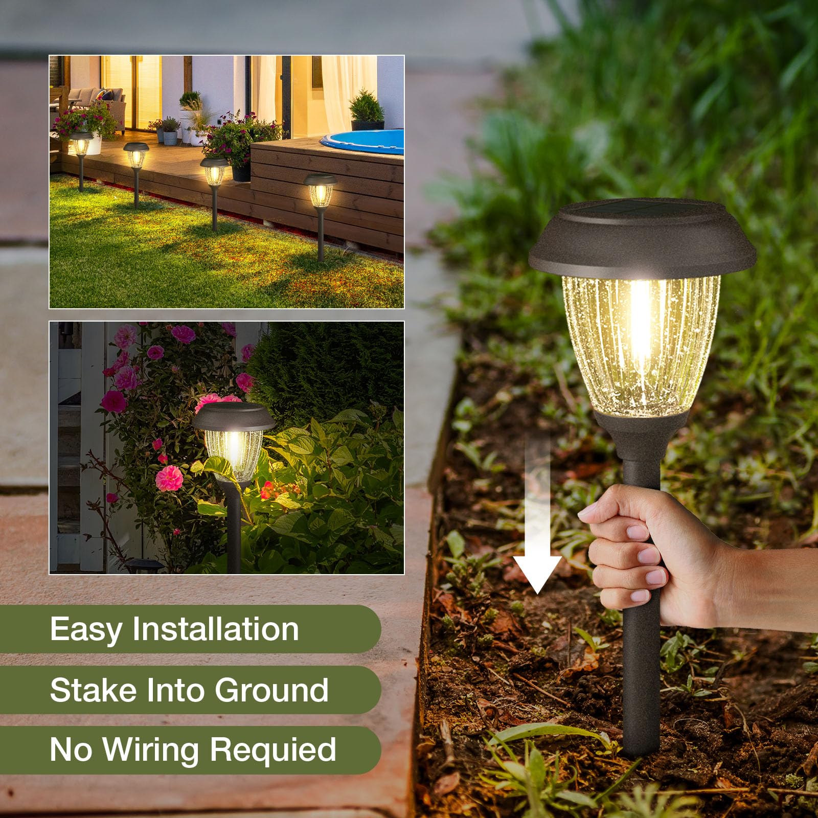 Solar Lights Outdoor 10/25 LM LED with 2 Lighting Modes, Solar Garden Lights Glass and Metal, IP65 Waterproof Solar Powered for Yard Pathway Walkway Driveway Patio (6 Pack, Warm White)