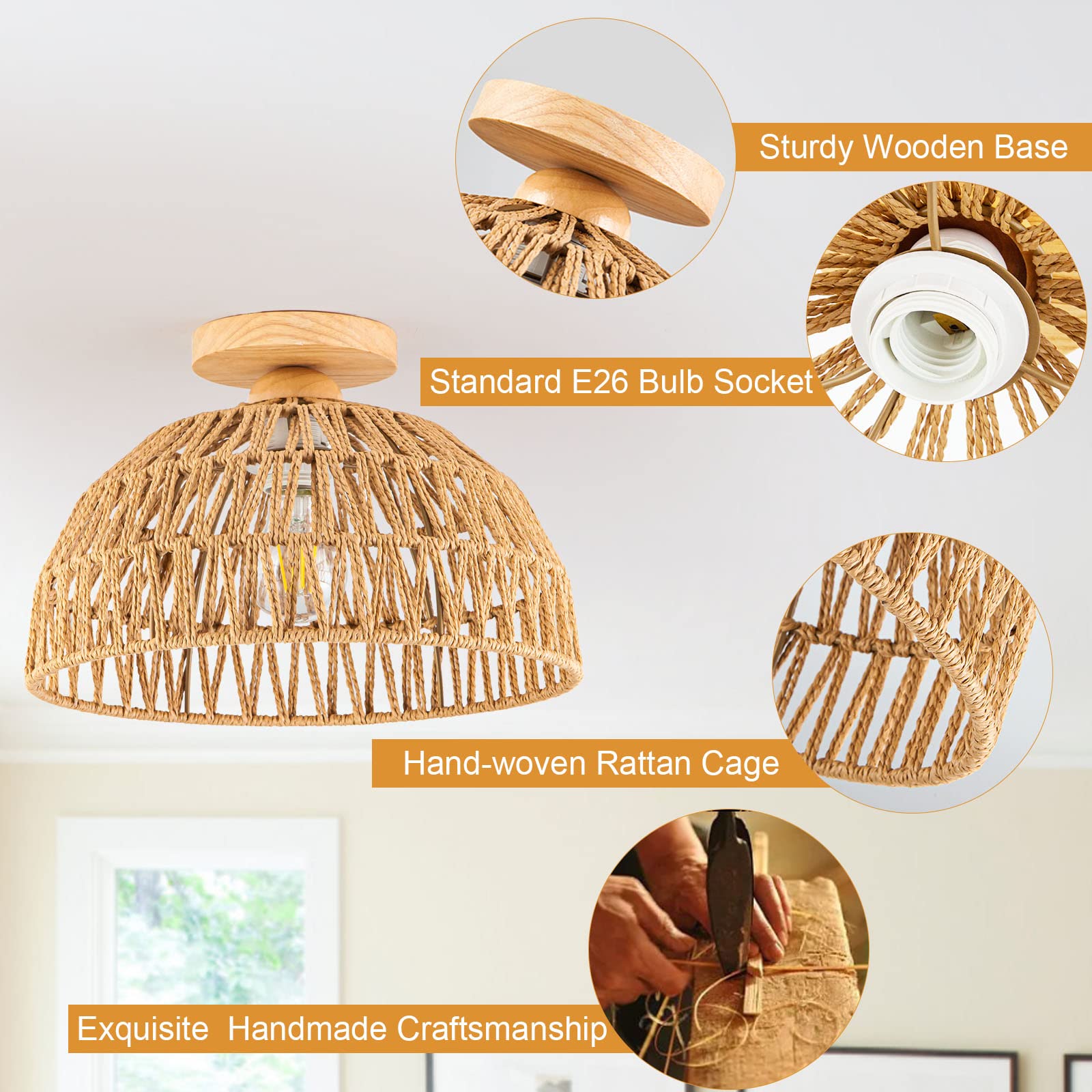 Rattan Pendant Light Fixture Basket Hanging Drum Chandelier Basket Light White Boho Ceiling Light Flush Mount Ceiling Light Woven Kitchen Chandelier for Dinning Room Hallway Bedroom Chandelier