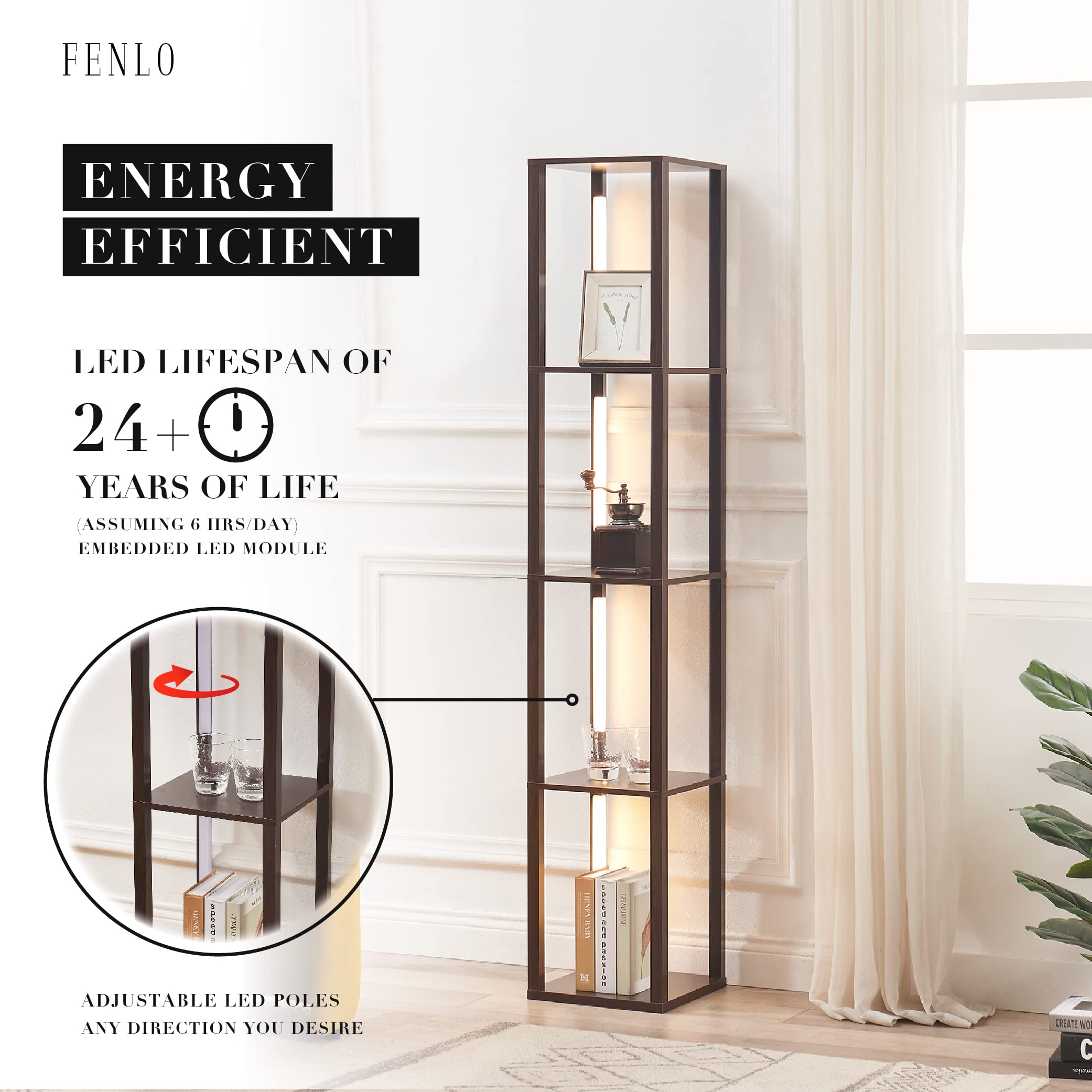 LED Display Shelf with Dimmable Lights, LED Shelf Floor Lamp for Living Room, Sturdy Corner Shelf Curio Cabinet Display, Tall Floor Lamp with Shelves