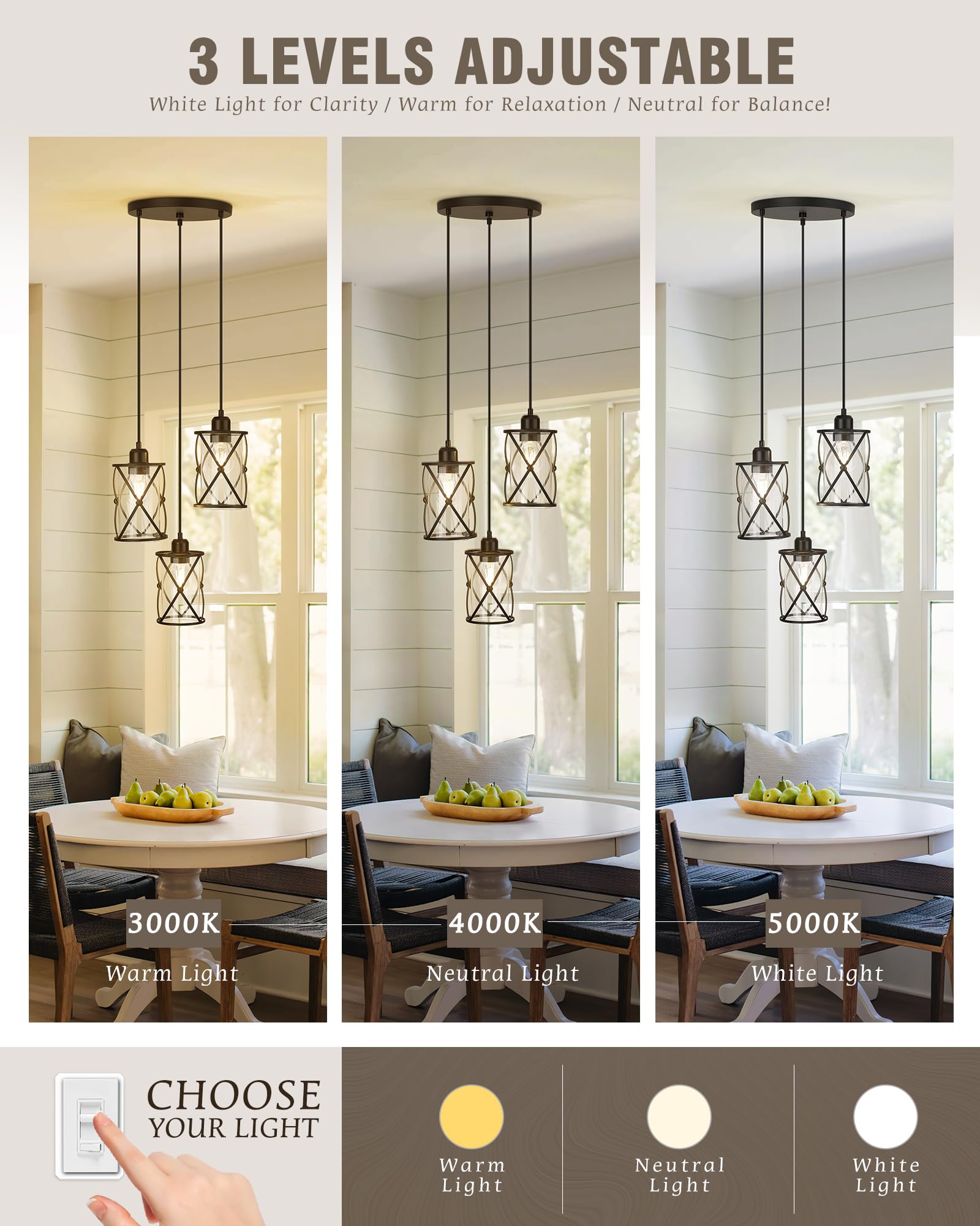 Brushed Gold Pendant Light Fixtures, 3-Light Modern Dining Room Cluster Pendant Light with Milky Glass, Mid Century Cage Hanging Pendant Lighting for Kitchen, Adjustable, CH9176BGW3