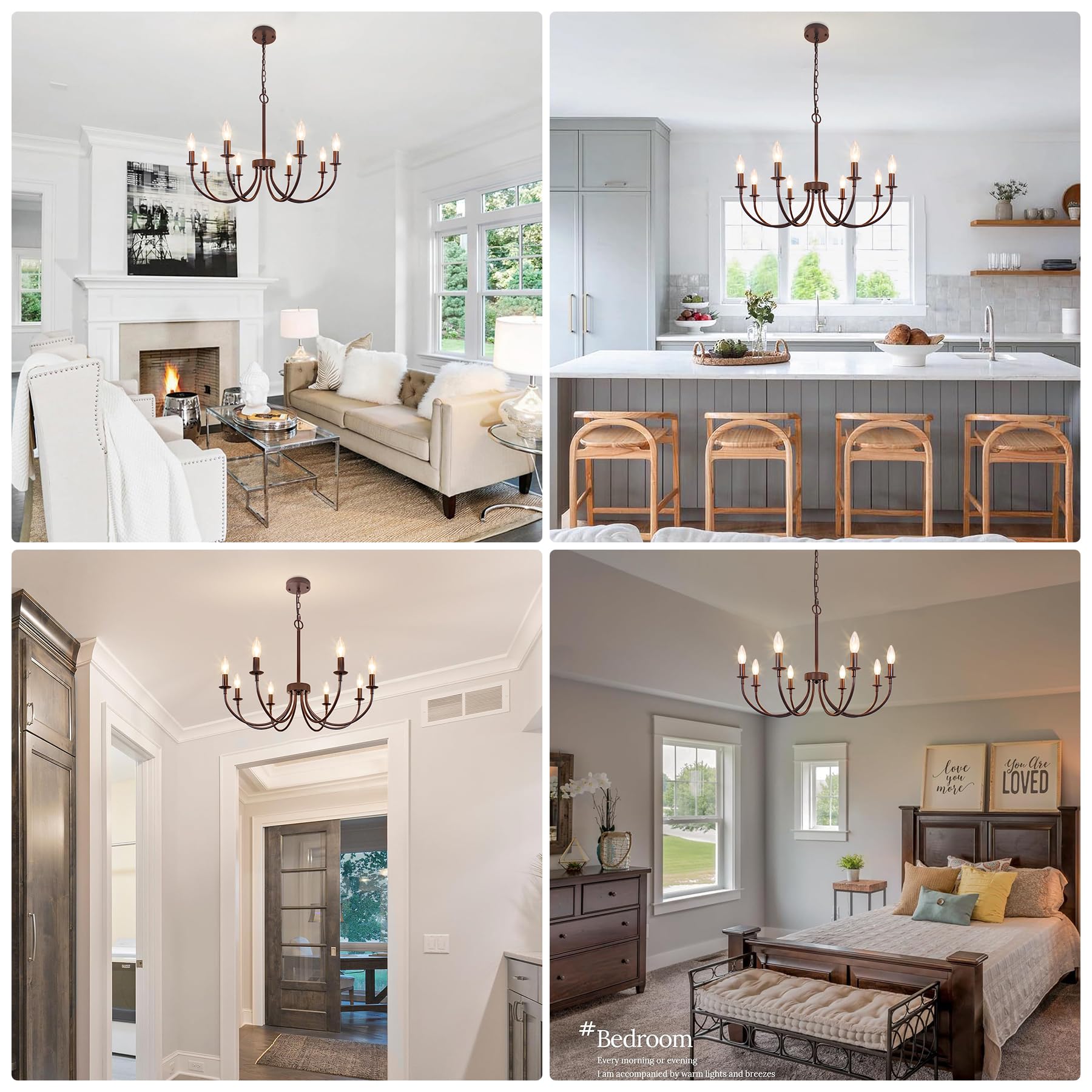 Chandelier, 6-Light Antique White Farmhouse Chandelier for Dining Room Lighting Fixtures Hanging, Candle Hanging Pendant Lights for Kitchen Living Room Bedroom Foyer