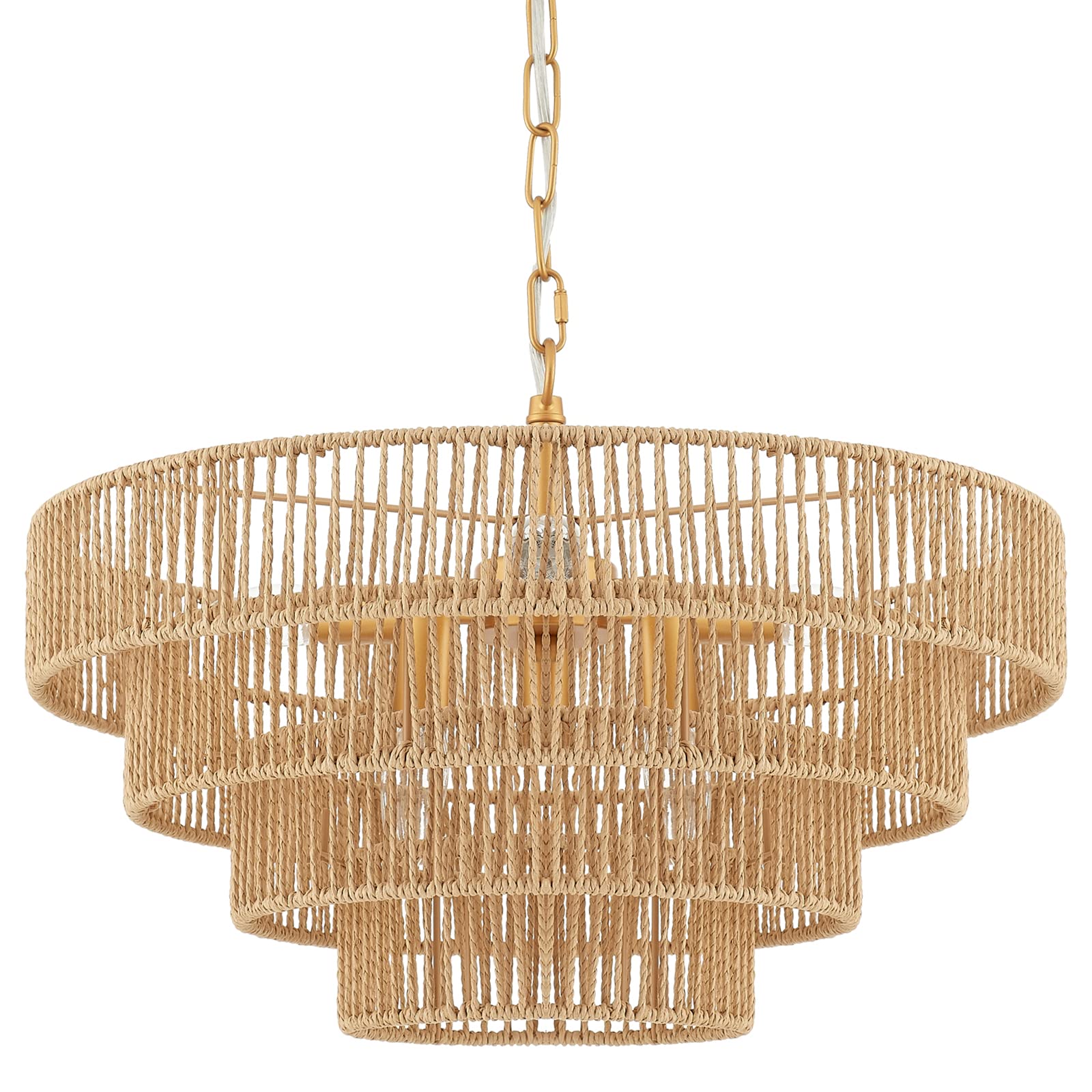 6-Lights Hand-Woven Rattan Pendant Light 4 Round Transitional Minimalist Boho Large Pendant Light for Kitchen Island Dining Room Living Room Hallway, Dia 20 Inch, UL Listed