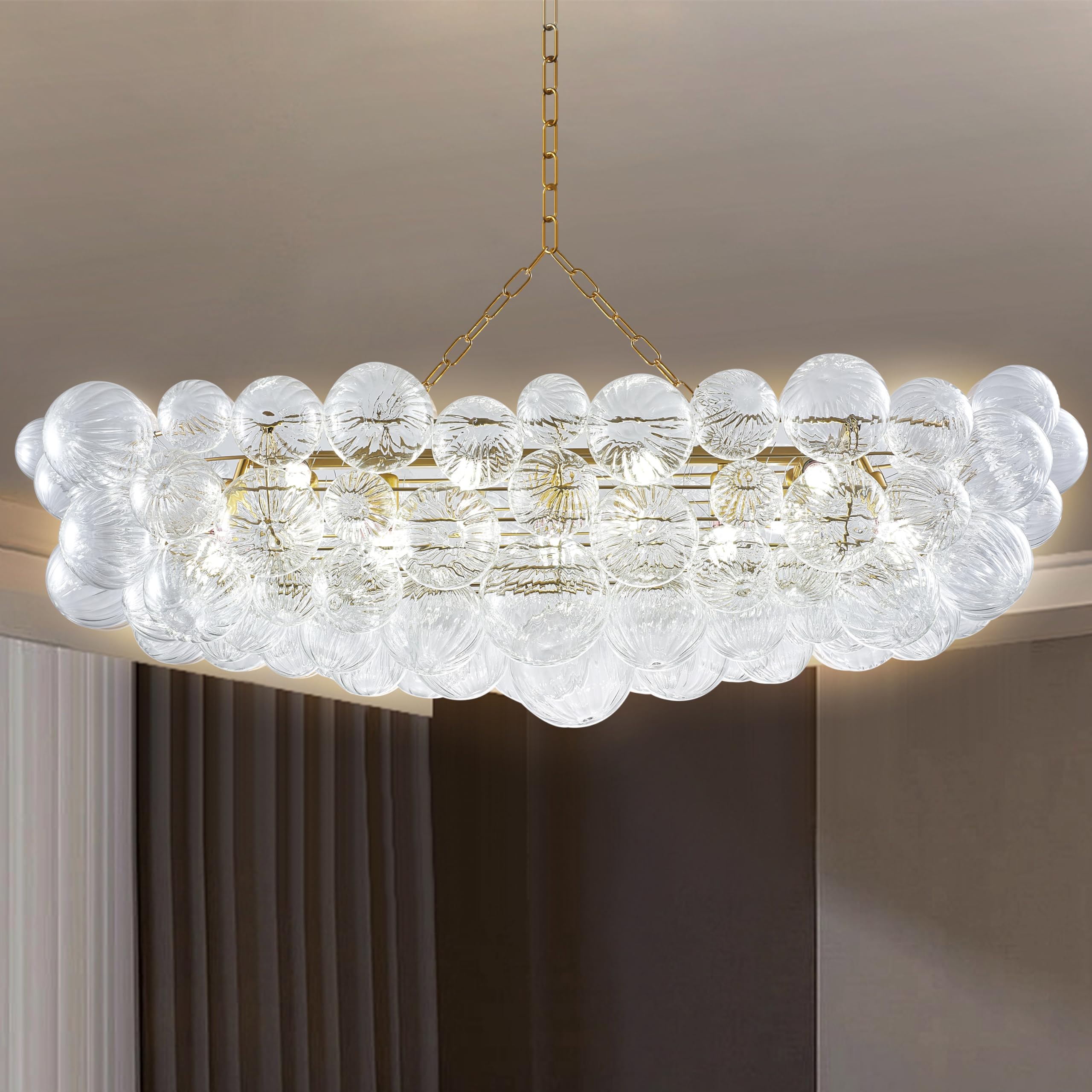 Semi Flush Mount Ceiling Bubble Ball Chandelier Lighting Dia 20 Inch Gold Clear Ribbed Blown Glass Chandeliers Ceiling Medallions Light Fixtures for Bedroom, Living Room, Entry, Bathroom