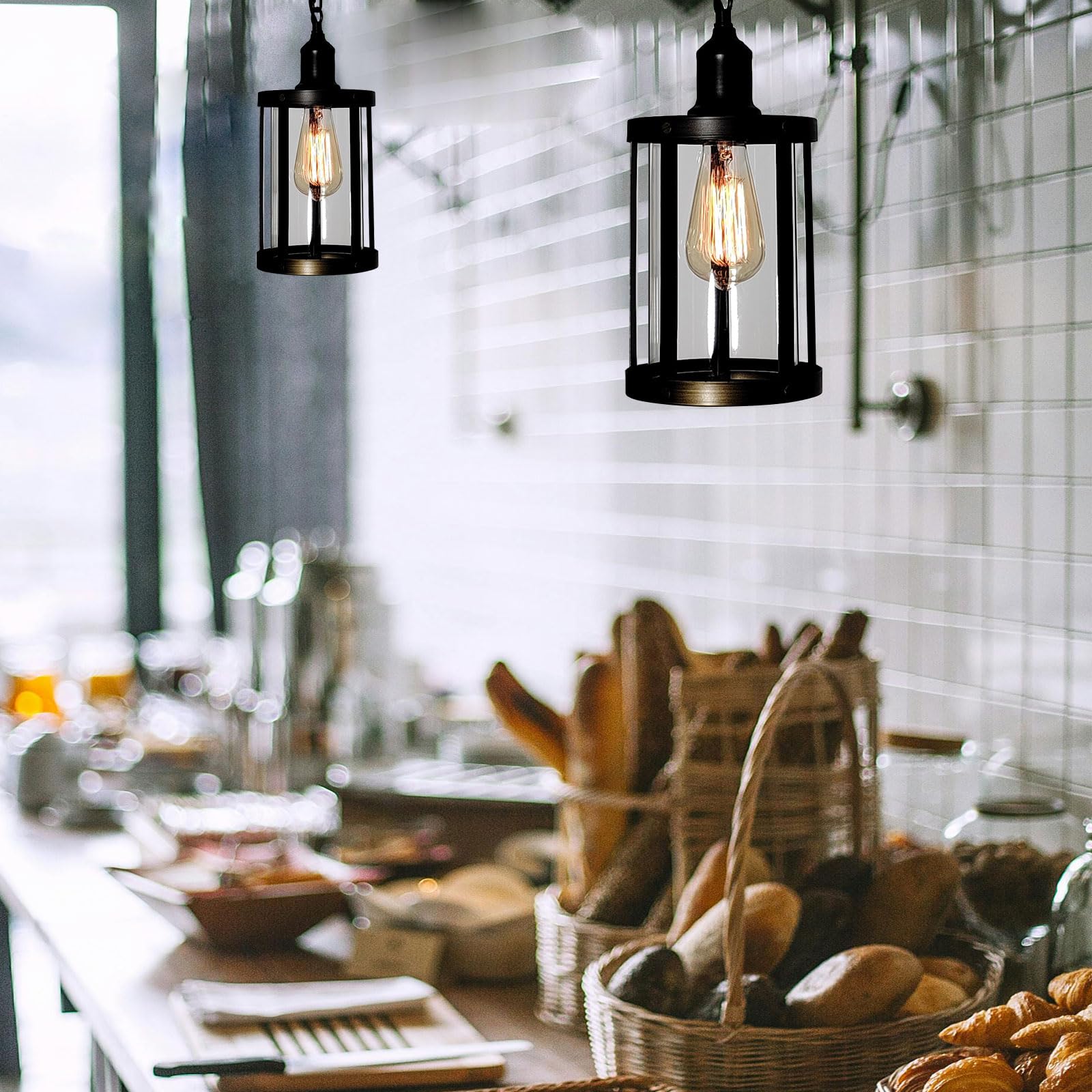 Pendant Lighting for Kitchen Island,Farmhouse Pendant Light,Kitchen Pendant Lighting Over Island,Kitchen Lights Ceiling,Oil Rubbed Bronze Light Fixtures Rustic Vintage Style with Glass Cage Shade