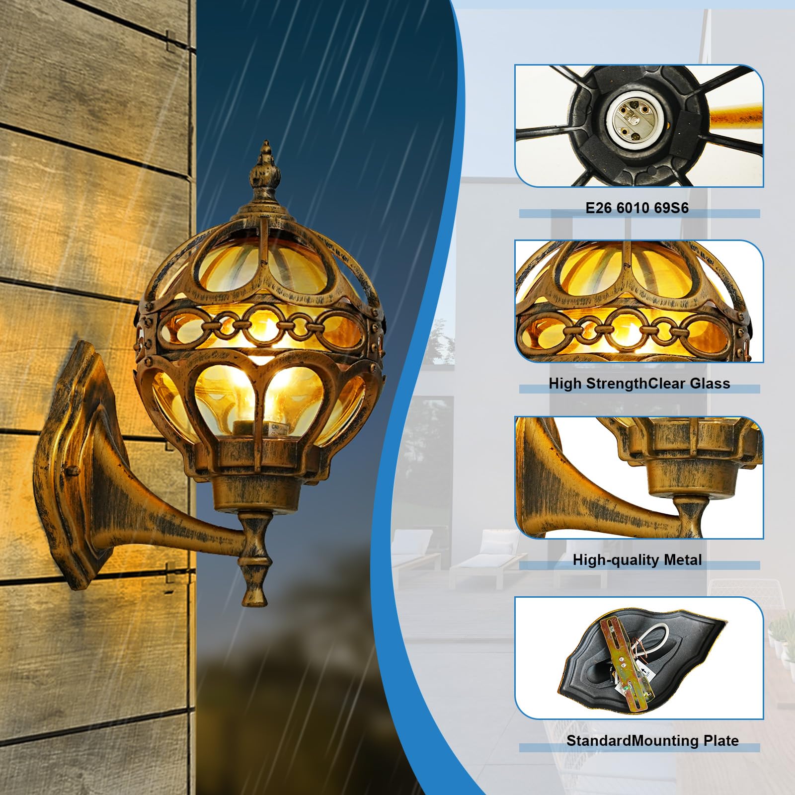 Gold Globe Outdoor Wall Light Fixtures for Garage Porch Patio House Garden Hallway Front Door, Sphere Anti-Rust Exterior Wall Sconces Lanterns, Aluminum 2 Pack Wall Mount Soccer Ball Lamp