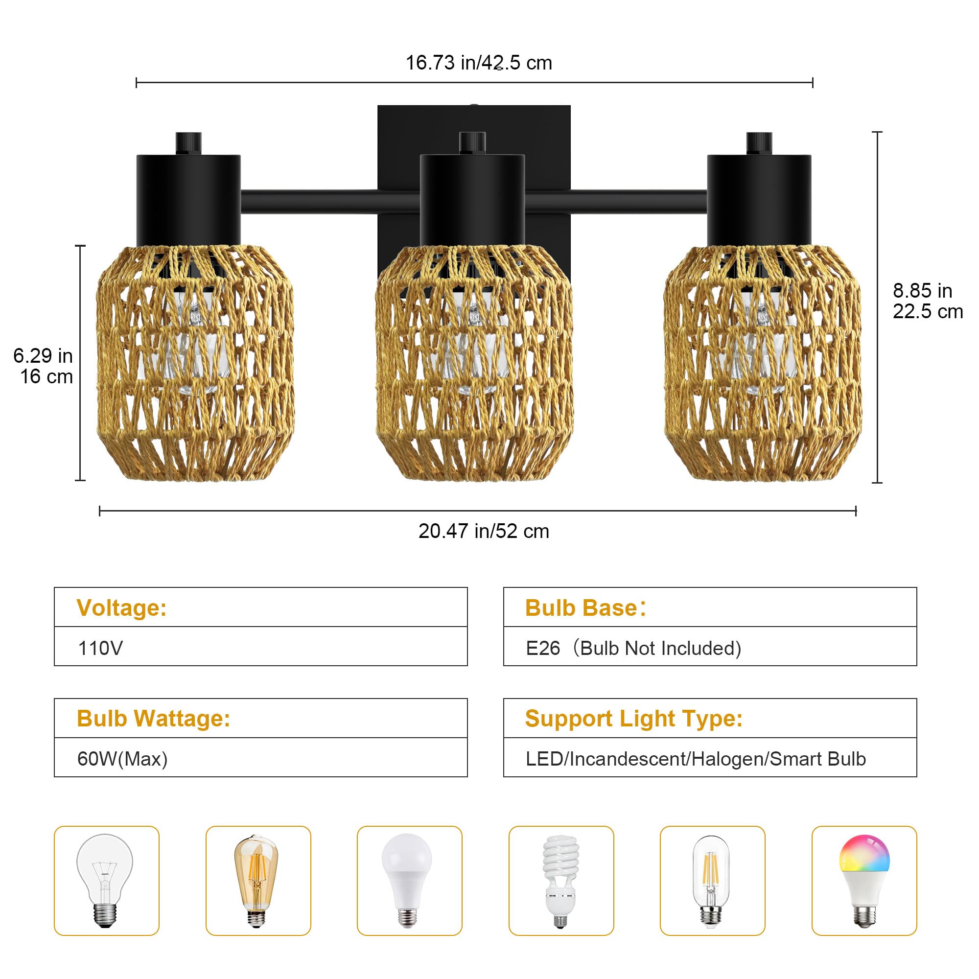 Rattan Wall Sconces Set of Two, Boho Bathroom Vanity Lighting Fixtures over Mirror, Hardwired Farmhouse Wall Lamp with 330°Adjustable Arm for Living Room, Bedroom and Hallway, E26 Base (Not Included)