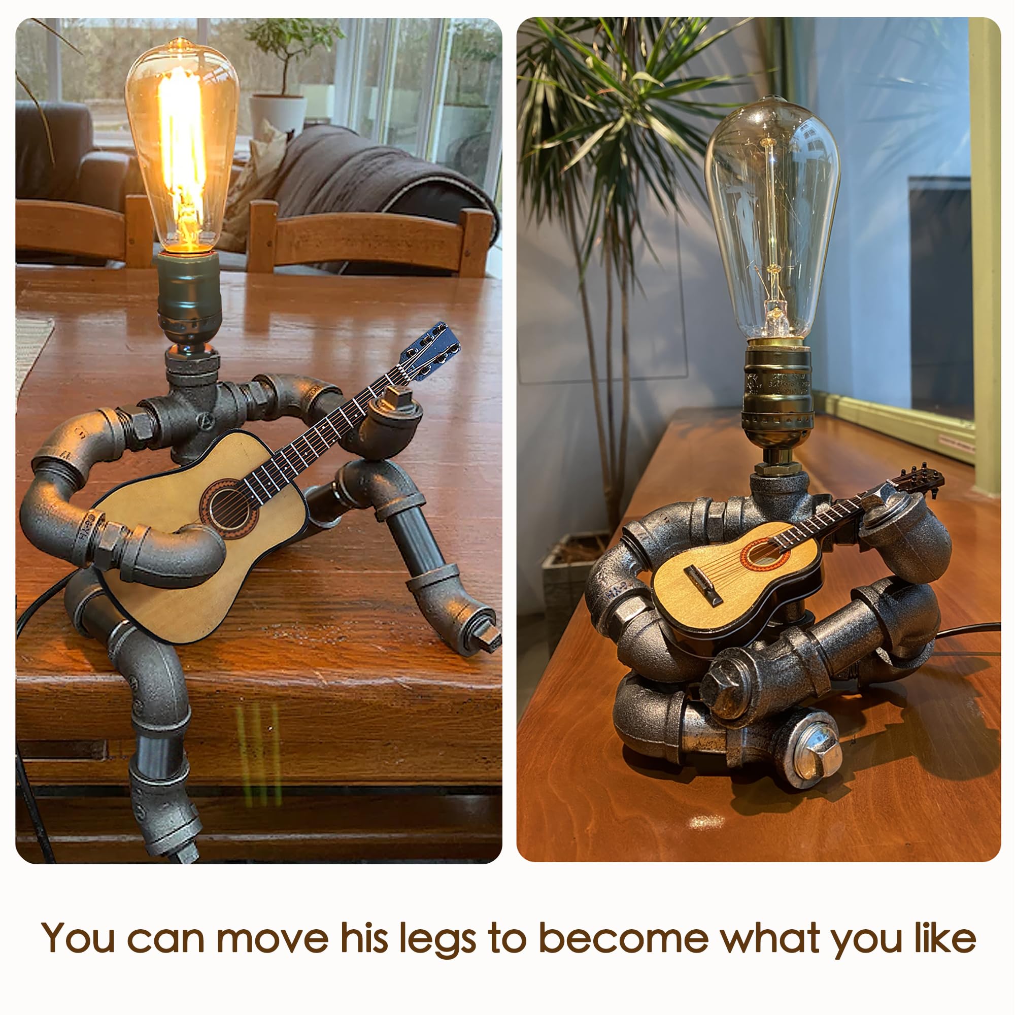 Music Guitar Table Lamp Art Decor, Music Themed Guitar Gifts for Men Unique, Guitar Stuff Cool Gifts for Music Lovers, Metal Industrial Robot Desk Lamp, Steampunk Vintage Pipe Lamp for Gift Giving