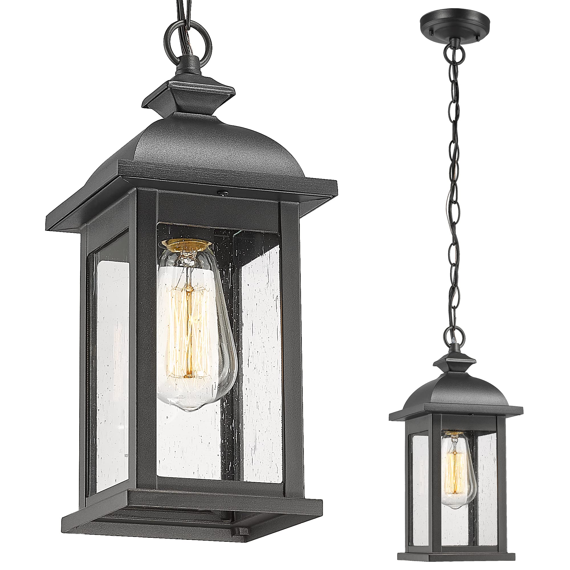 Outdoor Pendant Lights, Farmhouse Exterior Hanging Light Fixture, Outdoor Hanging Light Fixture with Adjustable Chain, Anti-Rust Black Frame with Clear Glass, 4FD66H BK