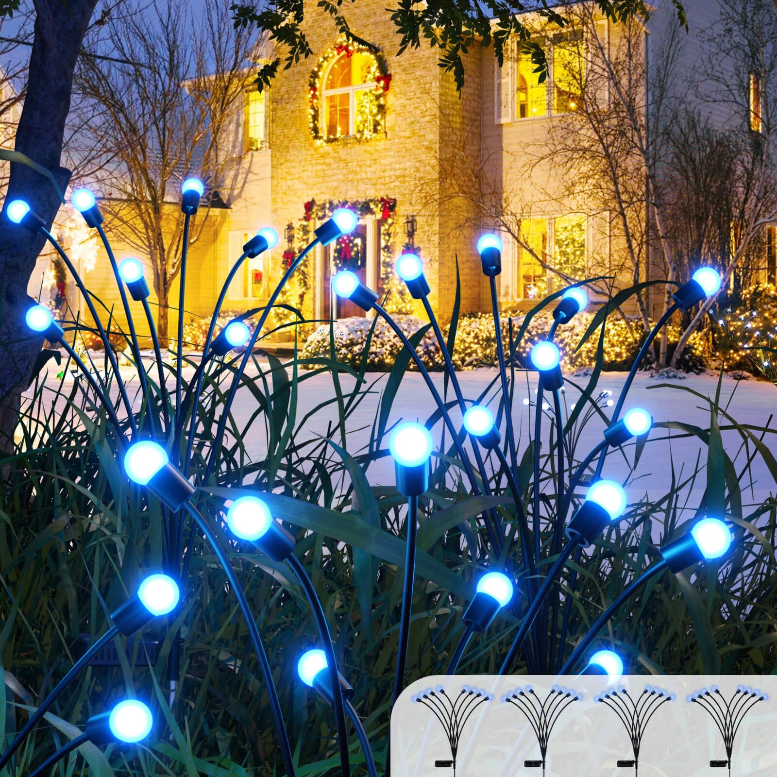 8LED Solar Powered Firefly Lights,Outdoor Waterproof,Starburst Swaying Solar Lights, Garden Lights for Path Landscape Outdoor Decorative Lights White Warm 4Pack