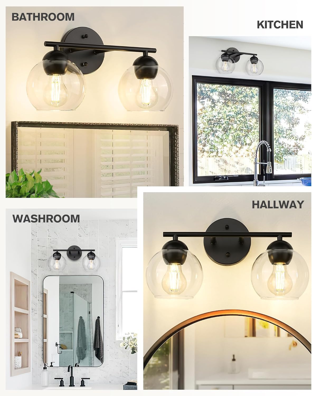 Black Vanity Lights for Mirror, Modern Farmhouse 2-Light Bathroom Light Fixtures Globe Bathroom Vanity Light with Milk Glass Shade, VL114-BK-ML-2