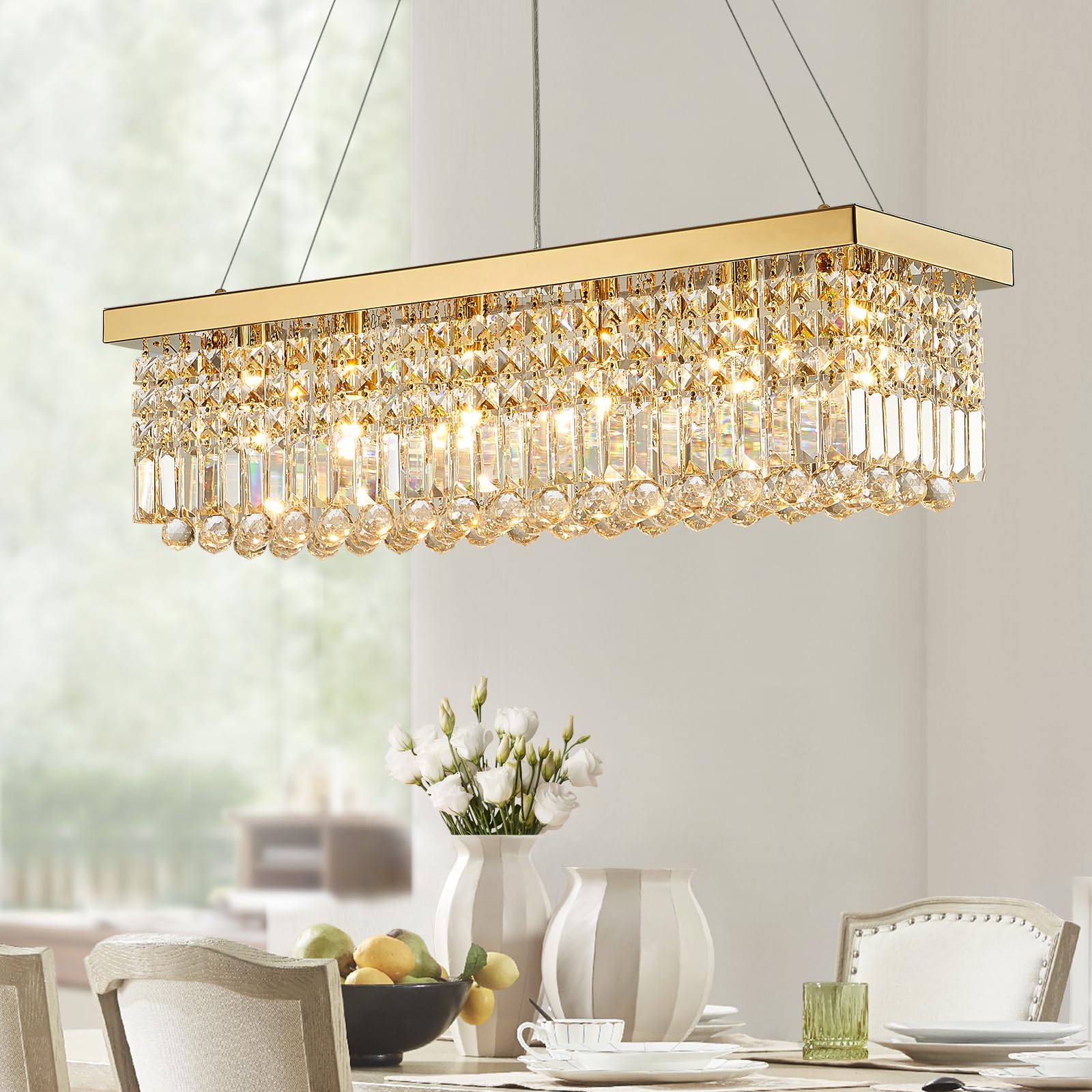 6-Light Modern Crystal Chandelier Rectangular Gold K9 Crystal Raindrop Chandelier for Dining Room, Luxury Adjustable Ceiling Pendant Light for Living Room Kitchen Island L31.5'' x W10'' x H10''