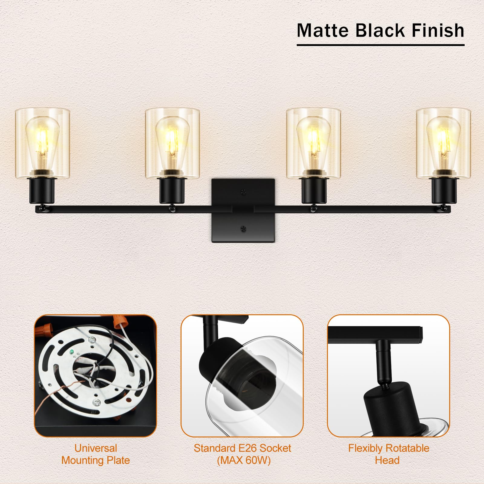 4-Light Track Lighting Fixtures with Clear Glass Shade, Modern Kitchen Lighting Fixtures Ceiling, Rotatable Track Head, Wall Mount Track Light for Bedside Vanity Hallway Bedroom, Matte Black