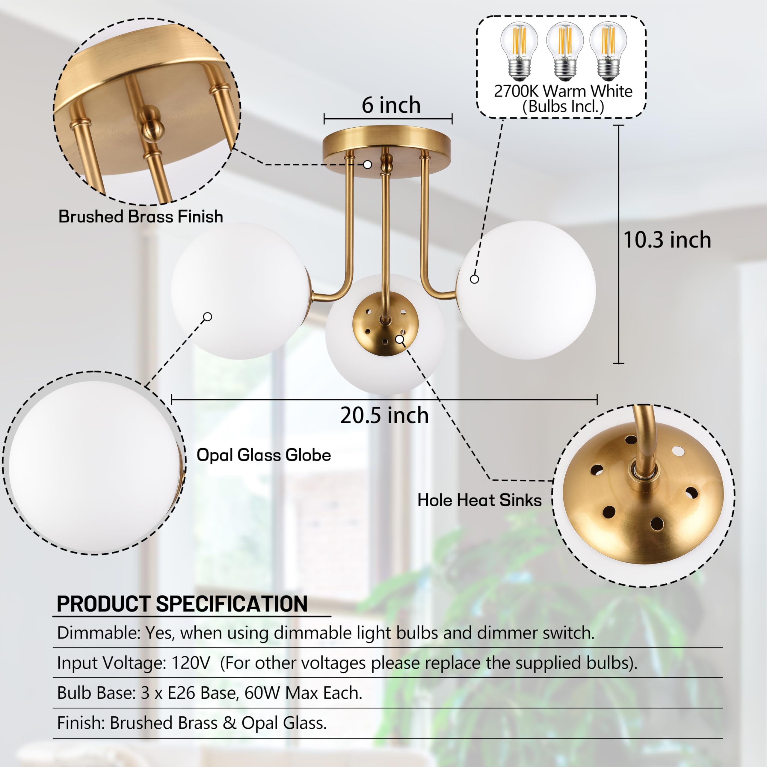 KoKo&Yukina 3-Light Semi Flush Mount Ceiling Light Globe Ceiling Light Mid Century Ceiling Light with Opal Milk Glass Globe & Brushed Brass for Bedroom Hallway Entryway Kitchen Living Room-Bulb Incl