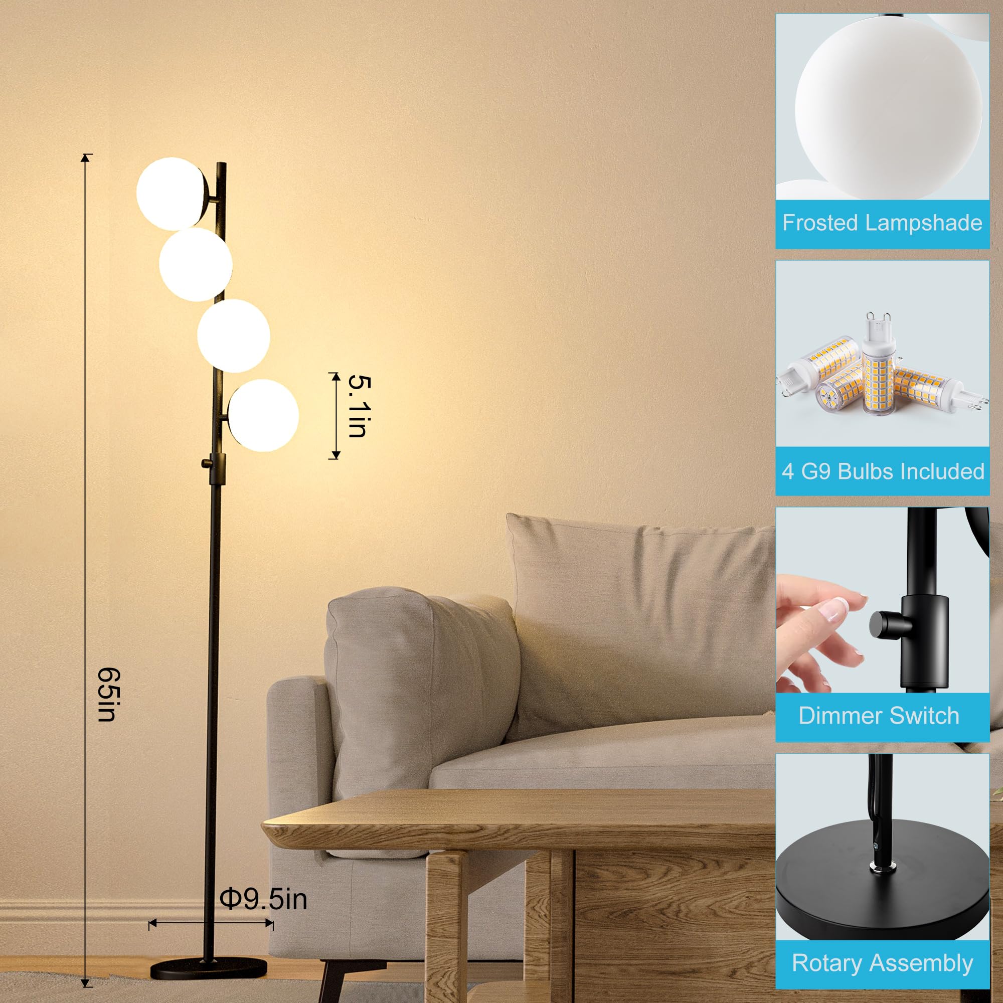 Dimmable Globe Floor Lamp, Gold Standing Lamps with 4PCS 3000K G9 Bulbs Soft Warm White Eye Care, Mid Century Modern Floor Lamp for Living Room