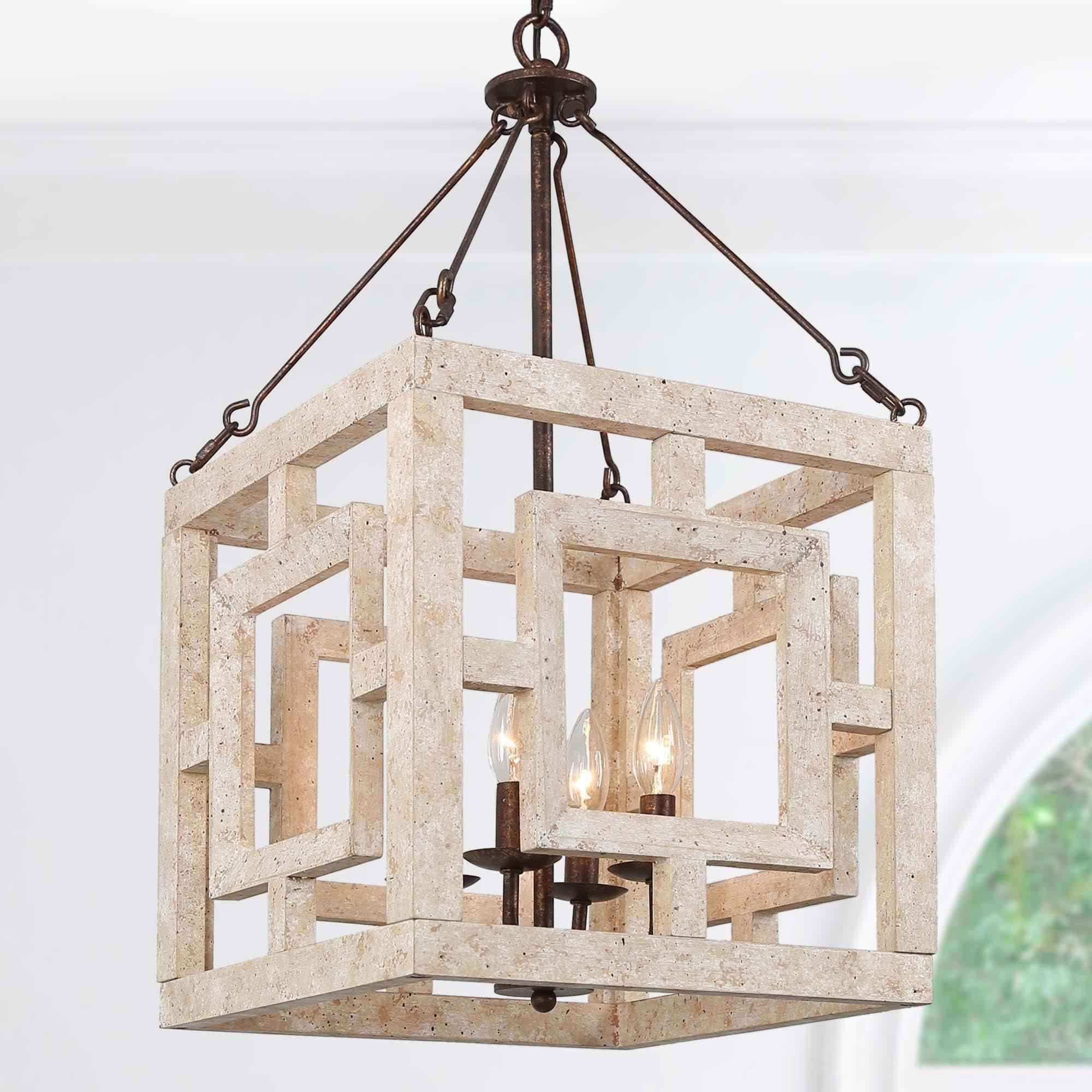 Farmhouse Chandelier, 4-Light Rustic Wood Cage Dining Room Chandelier Over Table, Wooden Square Chandeliers Hanging Light Fixture for Bedrooms, Kitchen Island, Entryway, Foyer