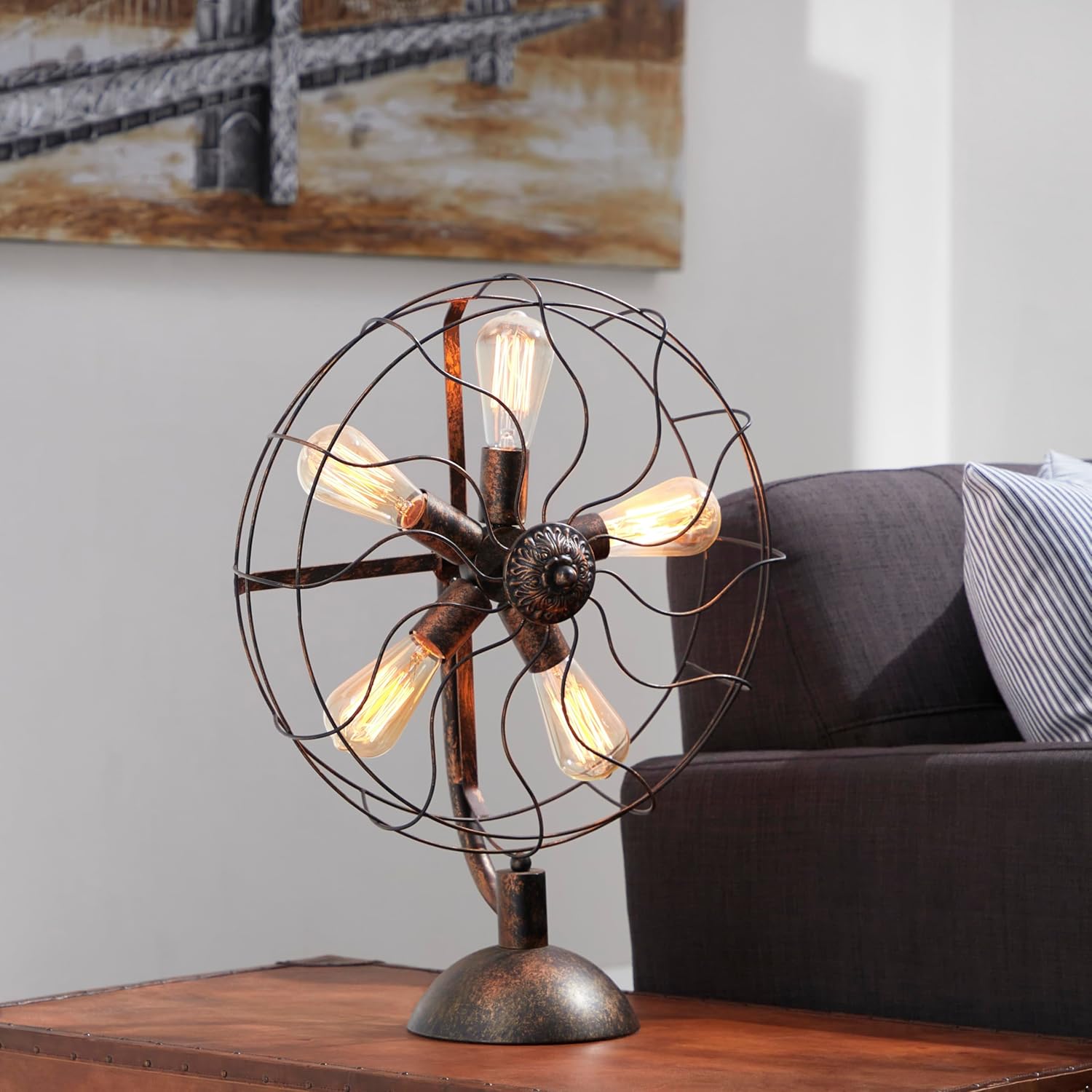 Metal Room Accent Lamp Vintage Fan Shape 5 Light Table Lamp, Lamp 19" x 8" x 24", Bronze