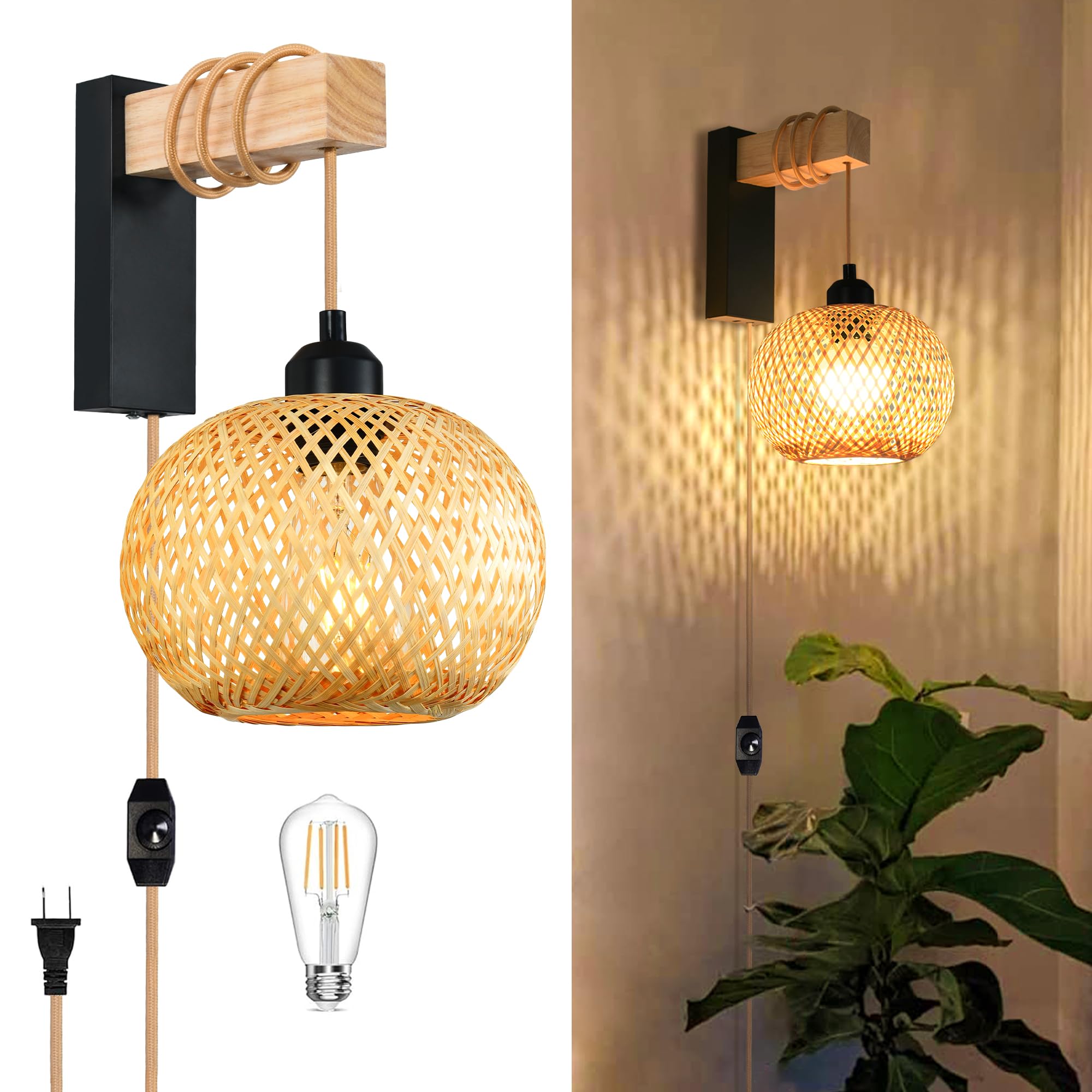 Rattan Plug in Wall Sconces Set of Two,Wicker Wall Lamp with Plug in Cord Hand Woven Rattan Plug in Wall Lamp Rustic Wall Lighting Boho Wall Sconces for Living Room Bedroom