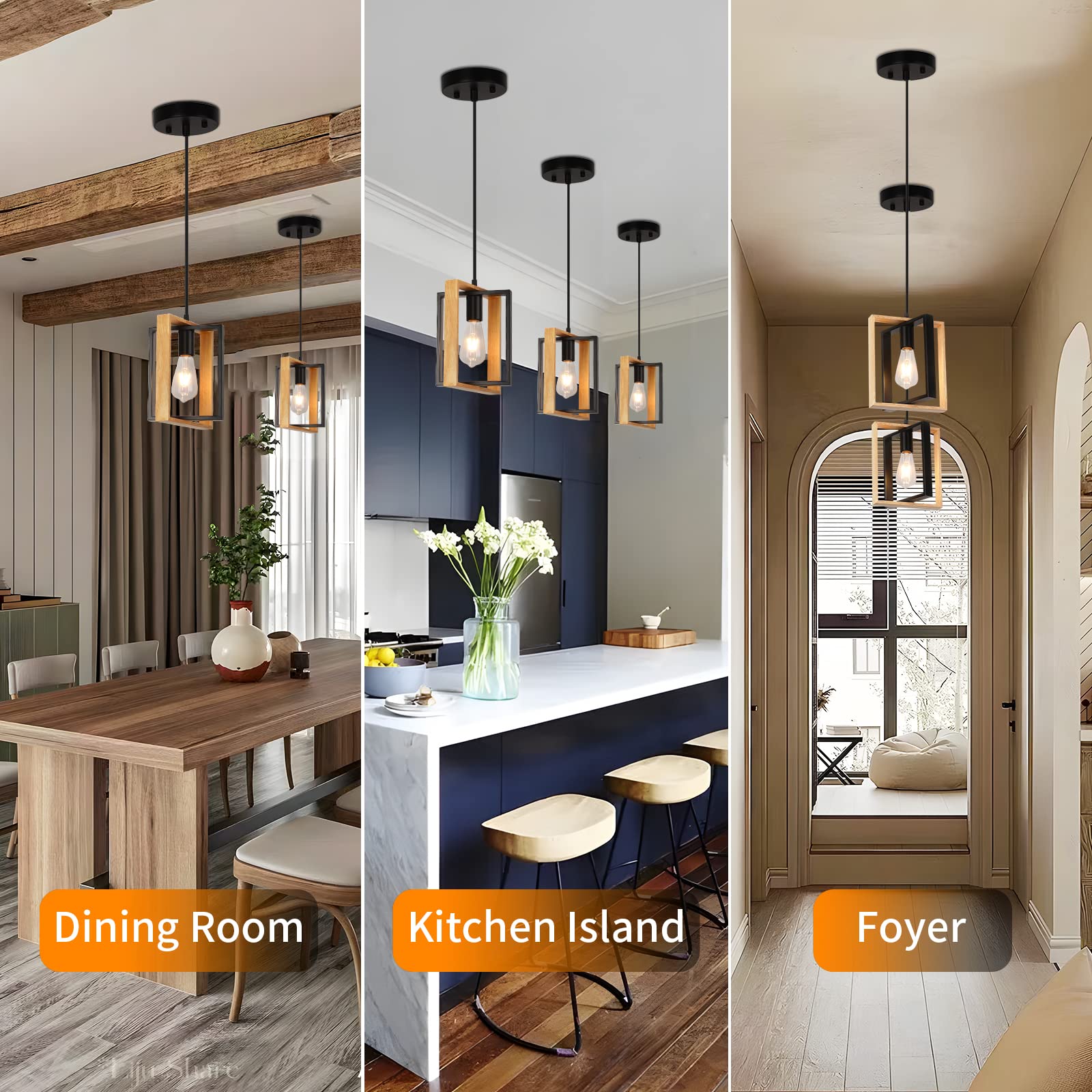 Farmhouse Kitchen Island Lighting Black Pendant Light Fixtures 4-Light Dining Room Lights Wood Chandelier Adjustable Hanging Pendant Lighting for Kitchen Island