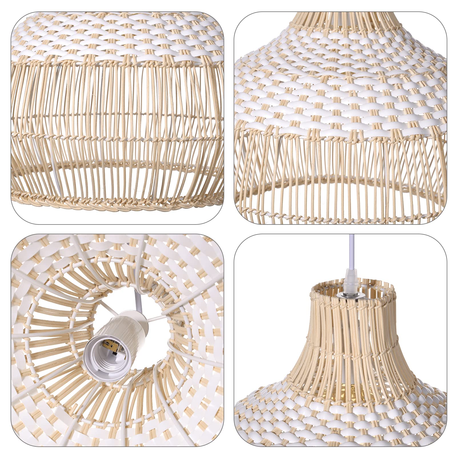 White Rattan Pendant Light, Farmhouse Coastal Wicker Hanging Ceiling Light Chandelier, Handmade Woven Lampshade for Kitchen Island