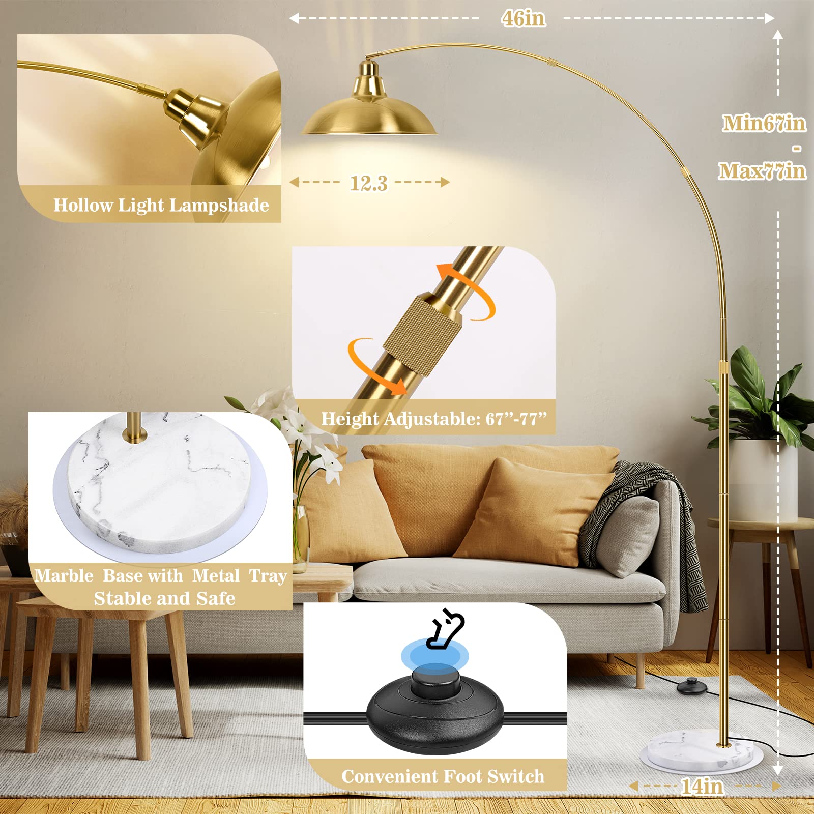 Arc Floor Lamp for Living Room, Marble Base Standing Lamp - Black Gold Floor Lamps with 360° Rotatable Arm, Industrial Tall Lamp Metal Material, Reading Lamp for Bedroom Couch Sofa Desk