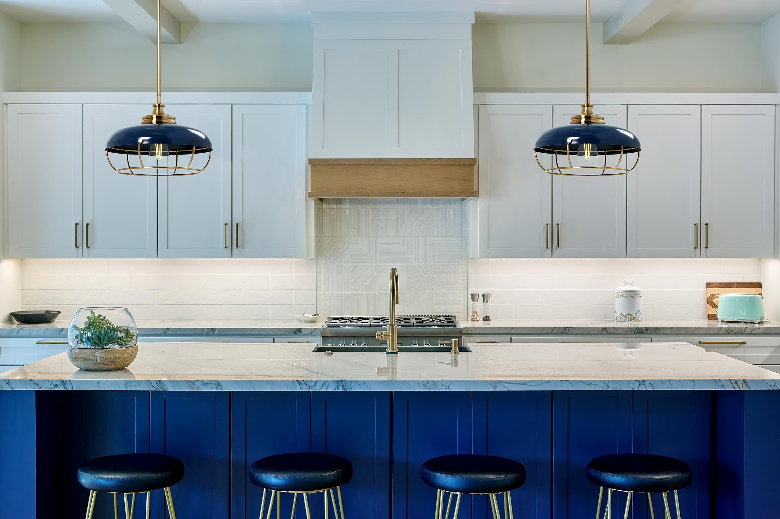 Caged Dome Metal Semi-Flush Mount Ceiling Light, Brushed Brass and Navy Blue