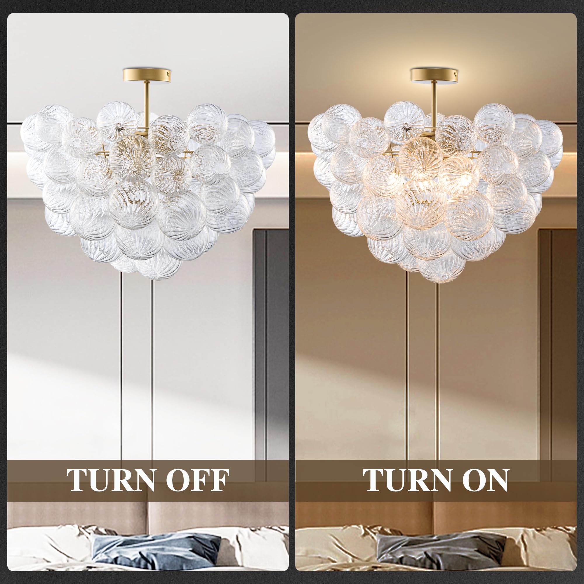 Semi Flush Mount Ceiling Bubble Ball Chandelier Lighting Dia 20 Inch Gold Clear Ribbed Blown Glass Chandeliers Ceiling Medallions Light Fixtures for Bedroom, Living Room, Entry, Bathroom