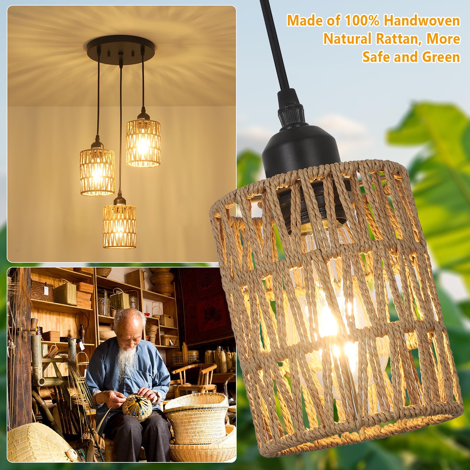 Rattan Pendant Lights, Boho Farmhouse Pendant Lighting with Hand Woven Natural Rattan Shade, Small Wicker Light Fixtures Ceiling Hanging for Dining Room Kitchen Bedroom Foyer Hallway