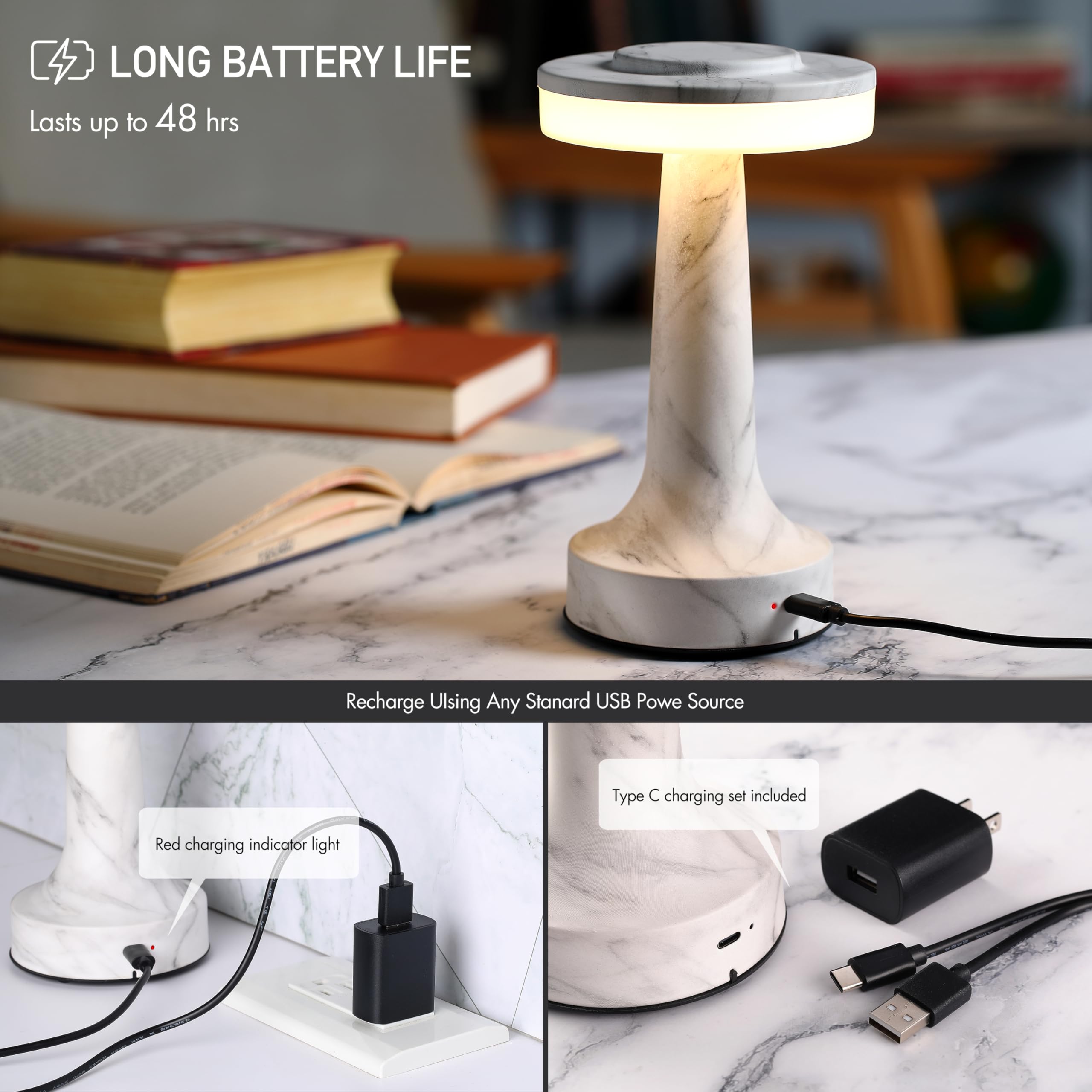 Portable LED Table Lamp with Touch Sensor, 3-Levels Brightness, Rechargeable Battery Up to 48 Hours Usage, Night Light for Kids Nursery, Nightstand Lamp, Bedside Lamp (Silver)