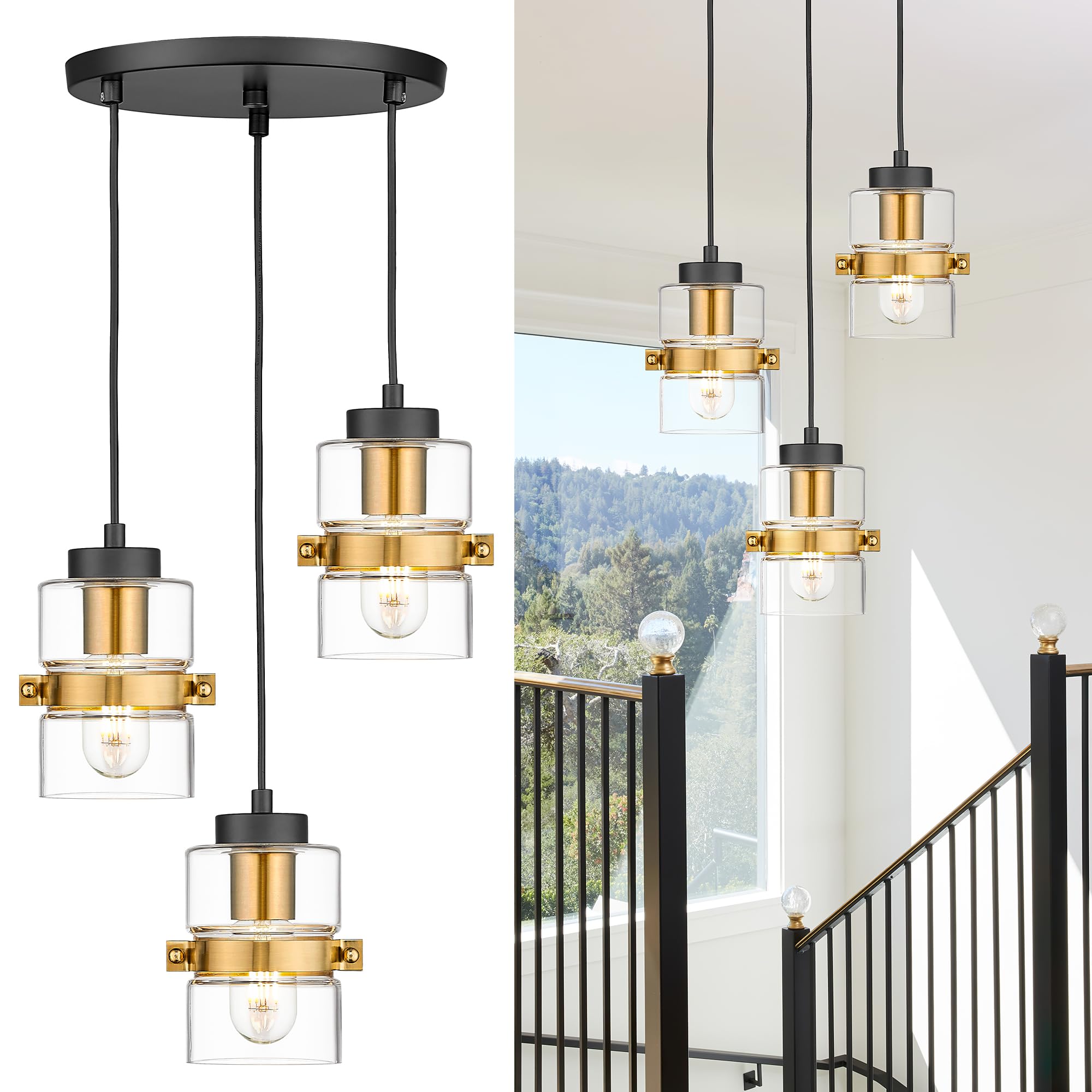 3-Light Cluster Pendant Light, Adjustable Hanging Lighting with Clear Glass, Foyer Chandeliers in Black and Gold Finish, YE282-3 BK+BG