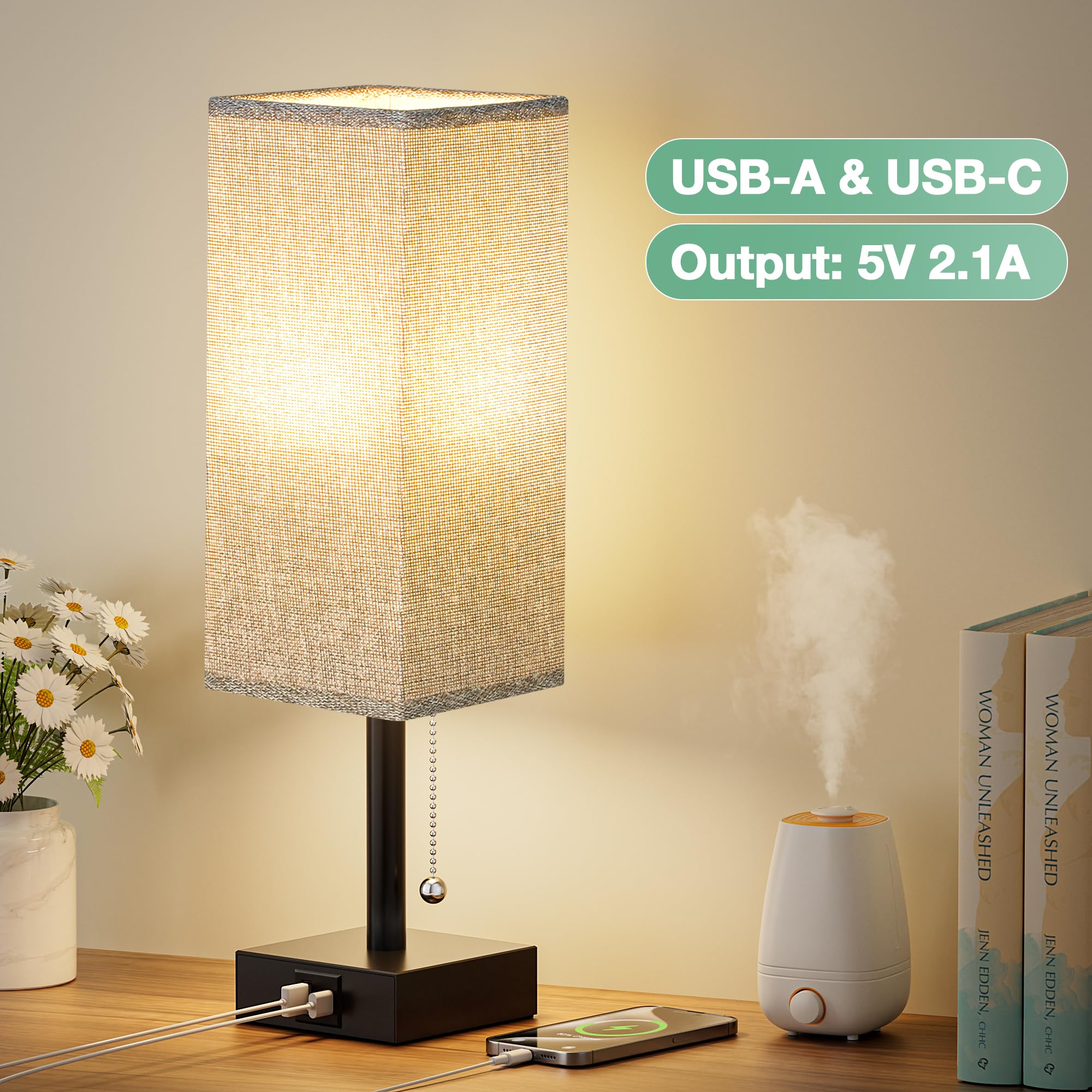 Small Table Lamp for Bedroom - Bedside Lamps for Nightstand, Minimalist Night Stand Light Lamp with Square Fabric Shade, Desk Reading Lamp for Kids Room Living Room Office Dorm