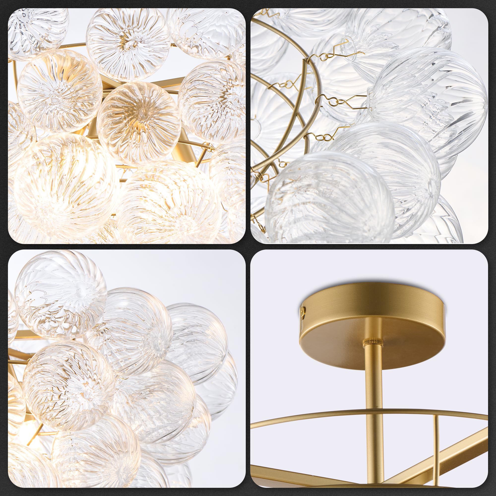 Semi Flush Mount Ceiling Bubble Ball Chandelier Lighting Dia 20 Inch Gold Clear Ribbed Blown Glass Chandeliers Ceiling Medallions Light Fixtures for Bedroom, Living Room, Entry, Bathroom