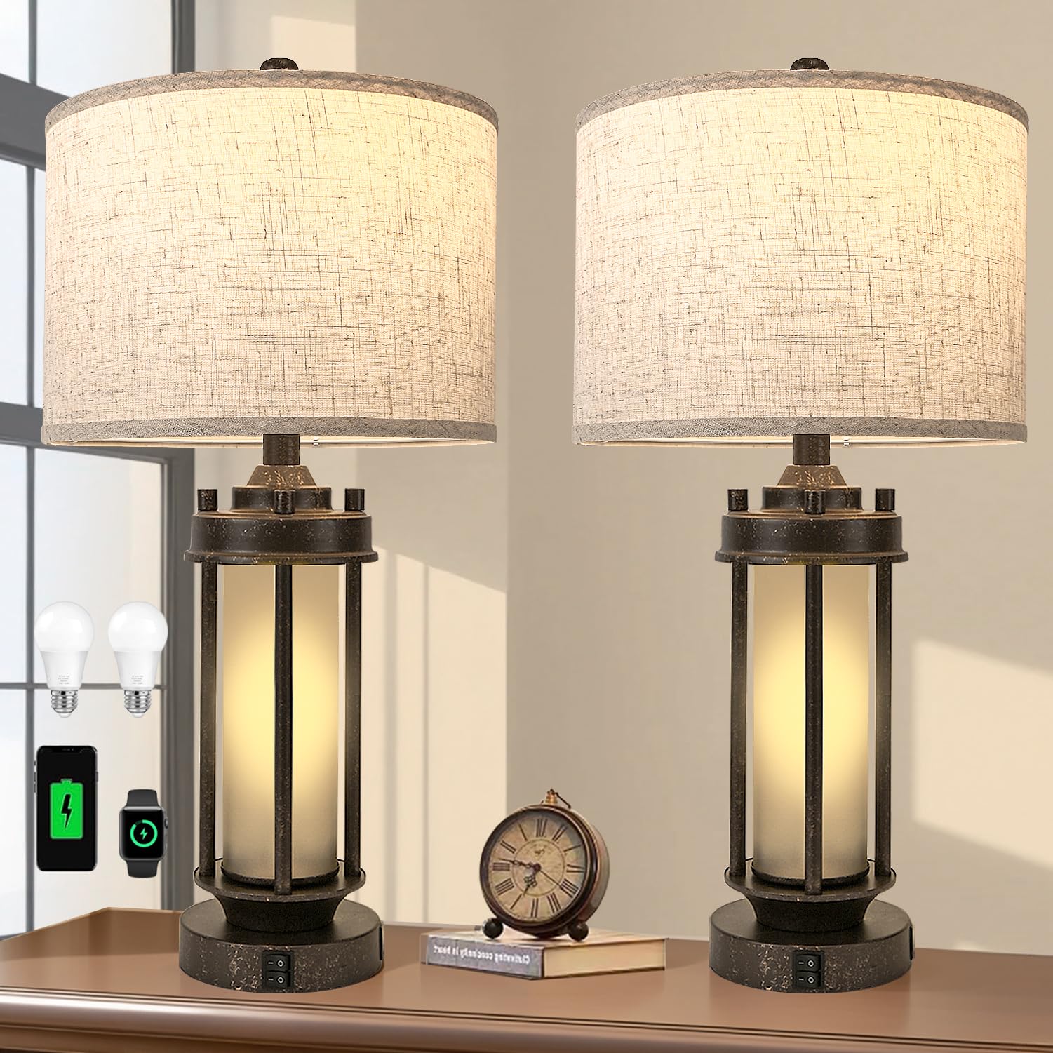 Set of 2 Farmhouse Table Lamp for Living Room Bedroom Bedside, Vintage Rustic Nightstand Lamps with USB C+A Charging Ports, Vintage Gray Frosted Glass Night Light, Include 2 Bulbs (Bronze)