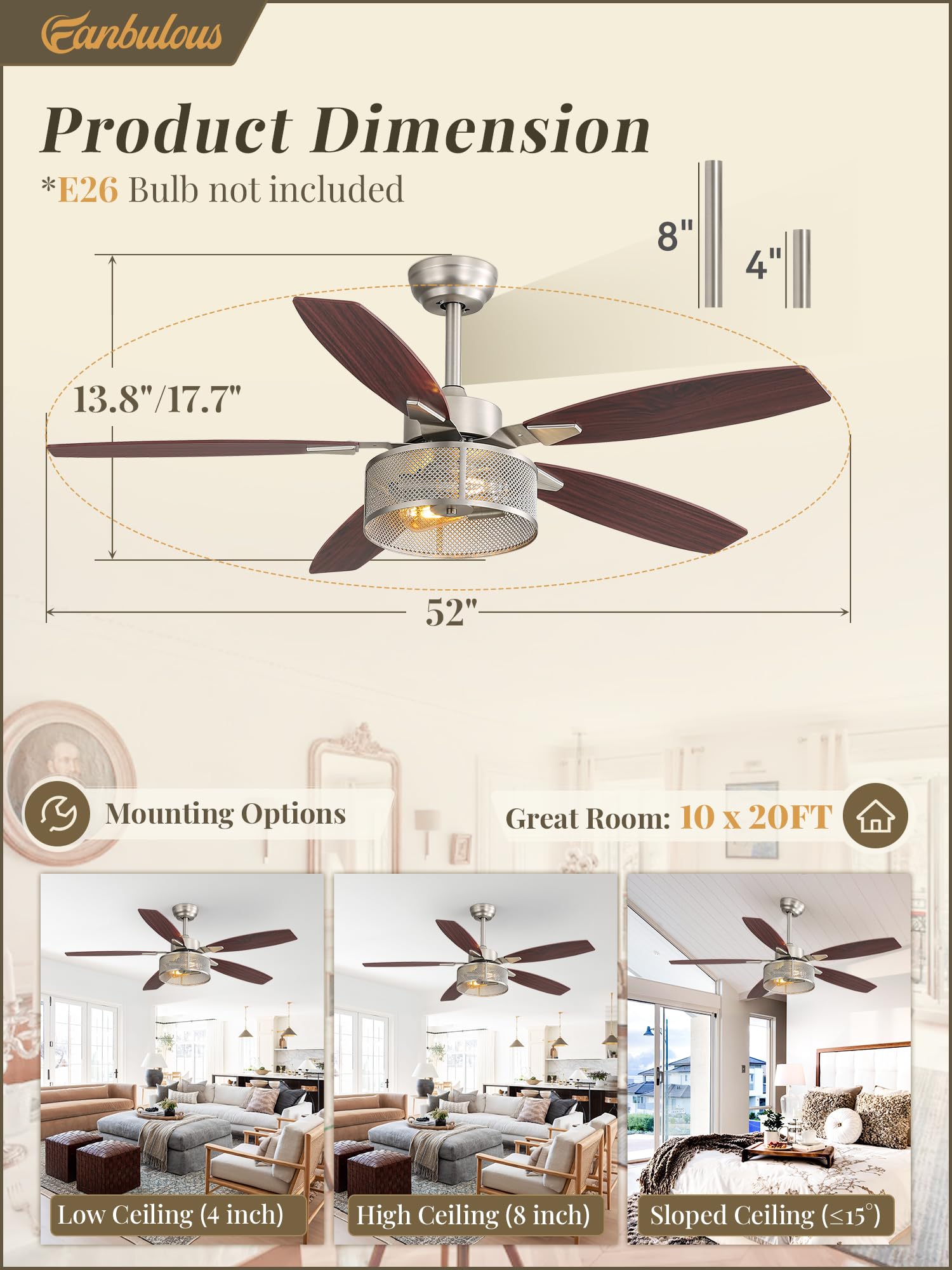 Farmhouse Ceiling Fans with Lights and Remote, 52 Inch Black Industrial Caged Ceiling Fans for Bedroom Living Room Kitchen, 6 Speed Reversible Quiet DC Motor, Dual Finish 5 Blades