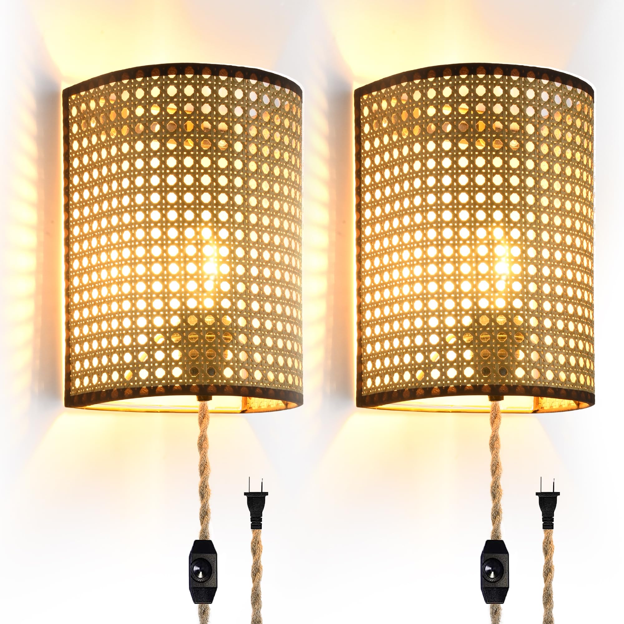 Wall Sconces Set of Two, Plug in Wall Sconces,Rattan Lampshade,Wall Lamp with Plug in Cord and Dimmable Switch,Wall Lights Fixtures for Bedroom Living Room Hallway.