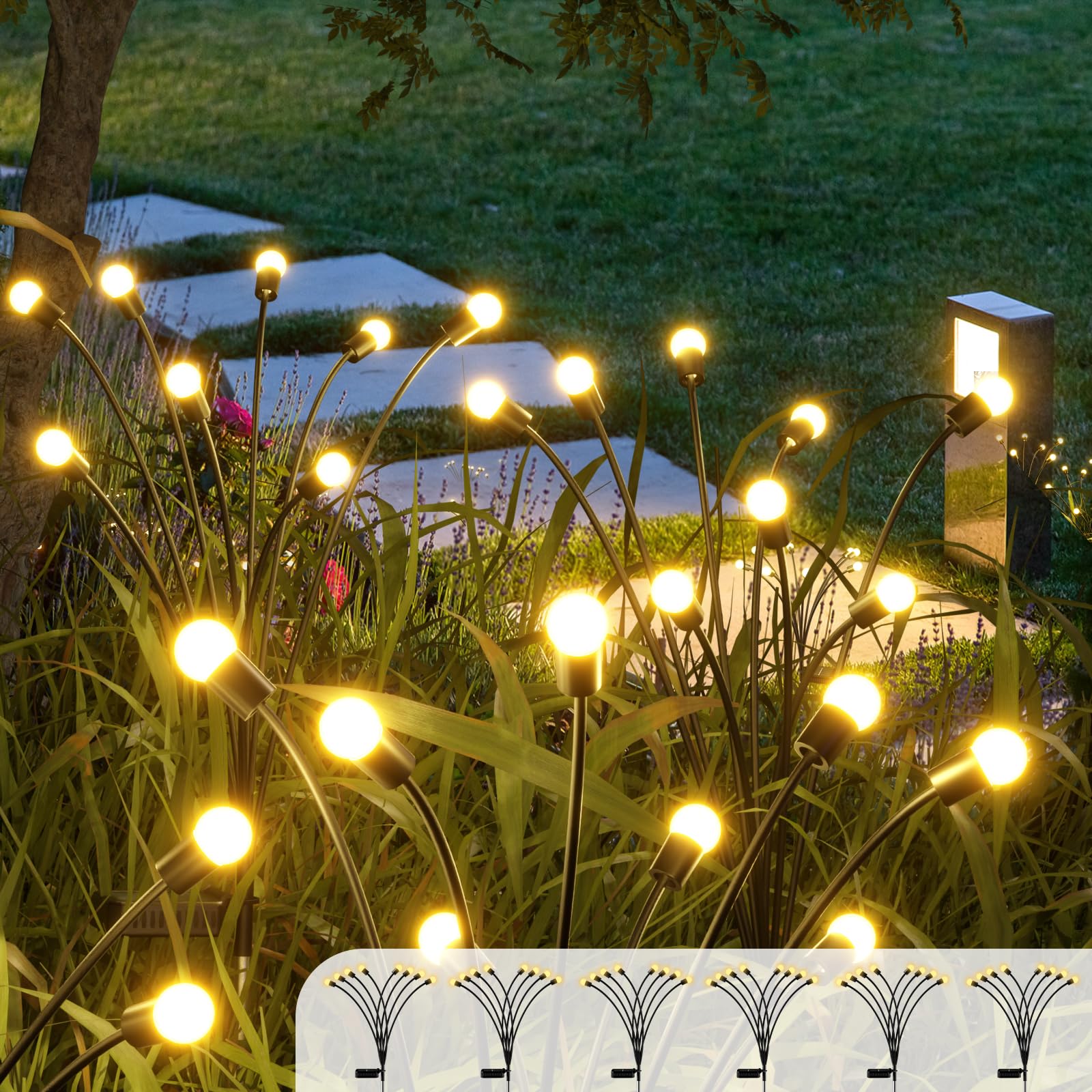 8LED Solar Powered Firefly Lights,Outdoor Waterproof,Starburst Swaying Solar Lights, Garden Lights for Path Landscape Outdoor Decorative Lights White Warm 4Pack