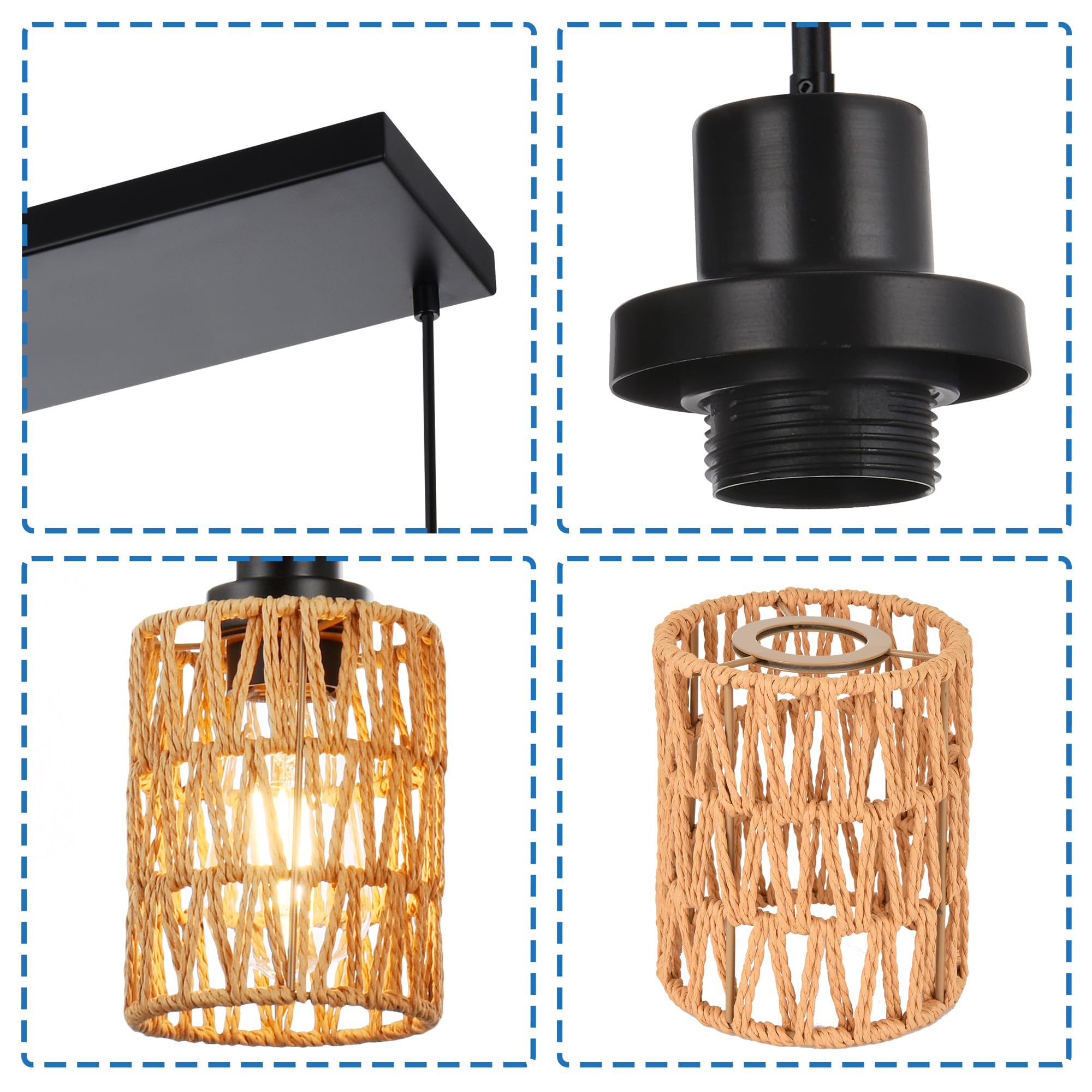 2 Pack Rattan Hanging Light Fixture Boho Pendant Light Black Adjustable Dining Table Light Fixture with Rattan Lamp Shade, Set of Two Mini Pendant Lighting for Kitchen Island Hallway Stair