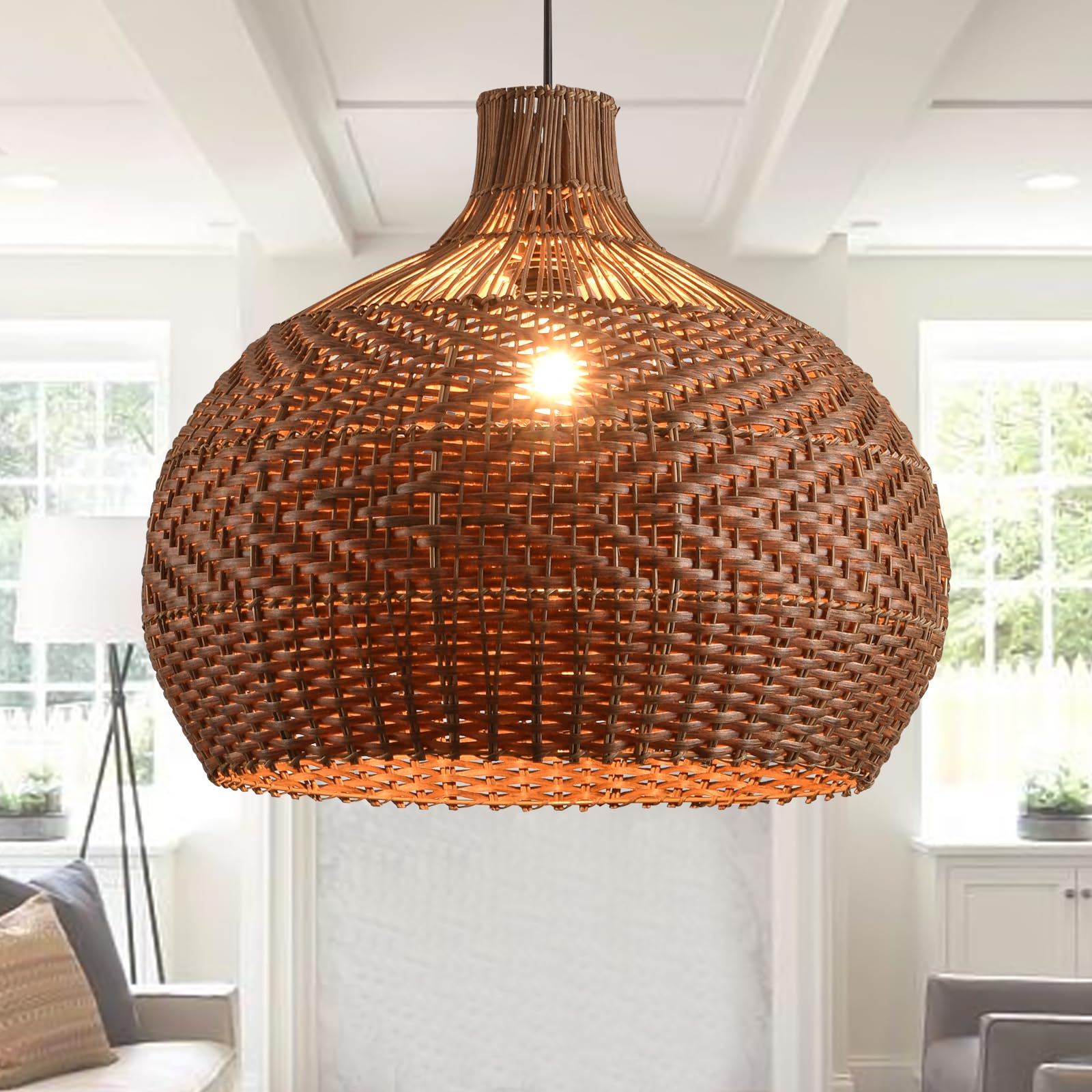 Boho Bamboo Pendant Light, 23.64in Bohemian Hand-Woven Rattan Chandelier Coastal Wicker Lighting Fixtures Hanging Lamp for Kitchen Island Dining Living Room Restaurants Bedroom