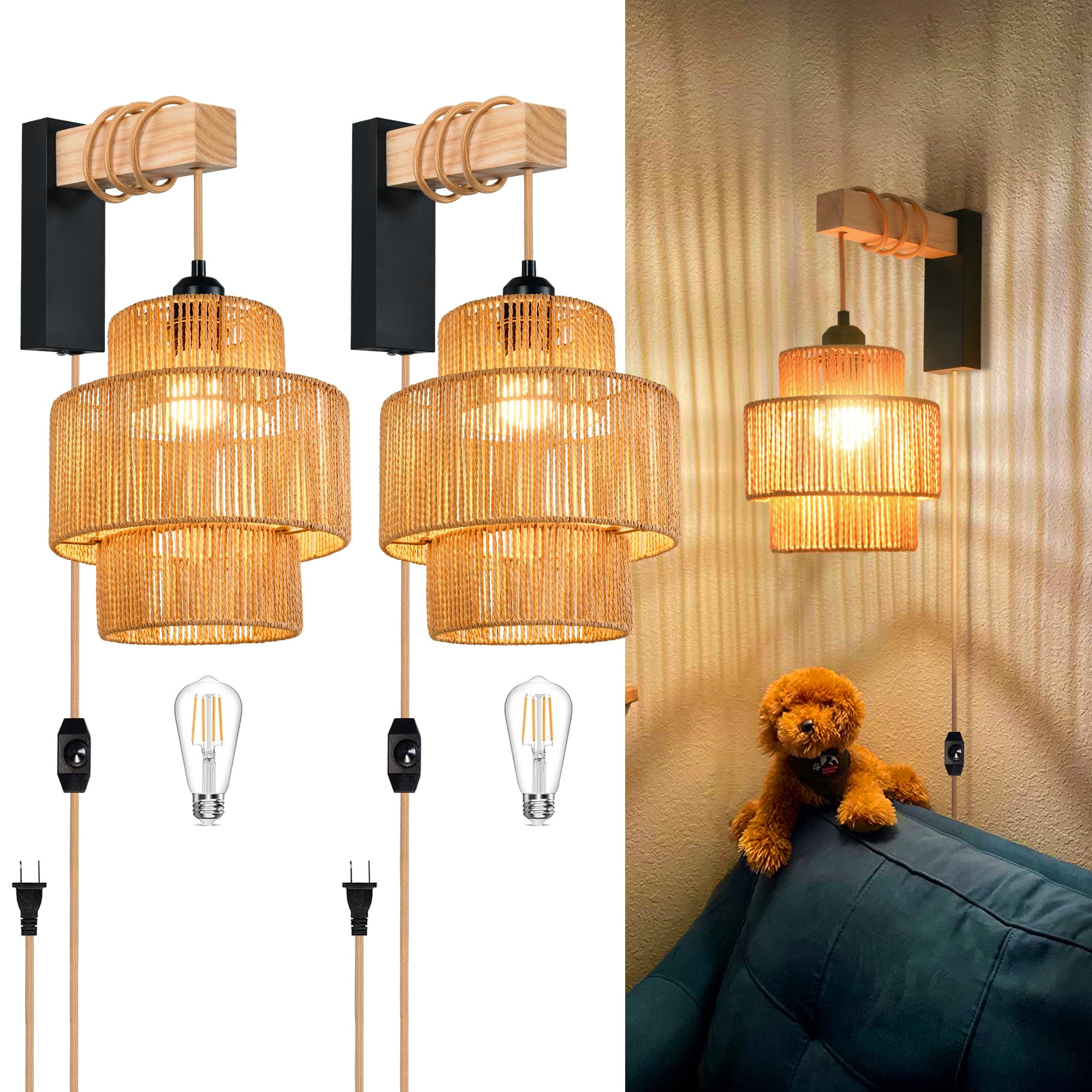 Rattan Plug in Wall Sconces Set of Two,Wicker Wall Lamp with Plug in Cord Hand Woven Rattan Plug in Wall Lamp Rustic Wall Lighting Boho Wall Sconces for Living Room Bedroom