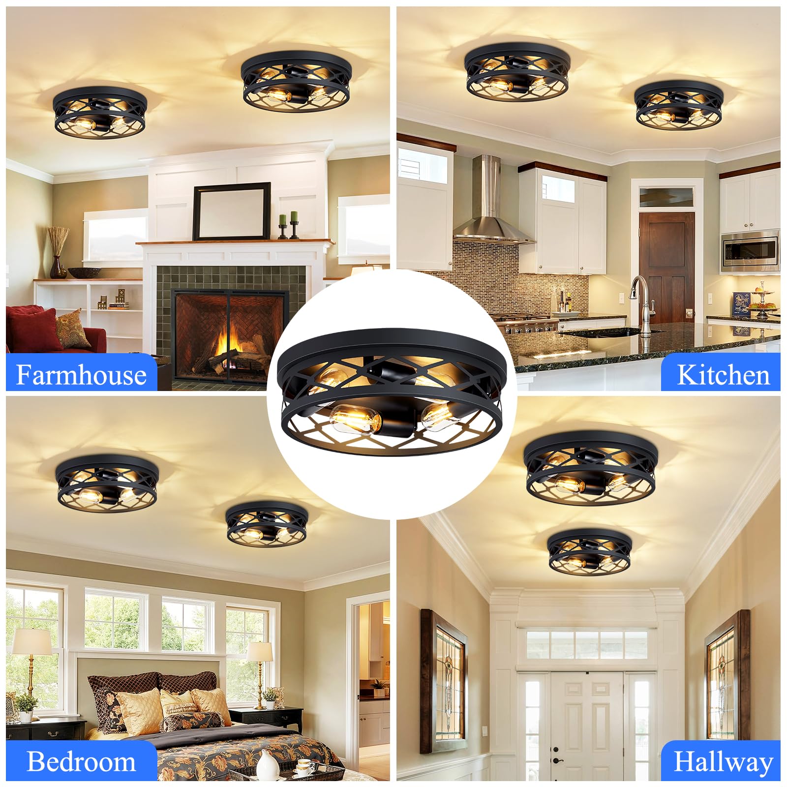 Flush Mount Ceiling Light Fixture,3-Light Ceiling Light Fixture for Hallway, Black Hallway Light Fixtures Ceiling,Light Fixtures Ceiling Mount for Kitchen,Farmhouse,Hall (1 Pack) (13.1inch)