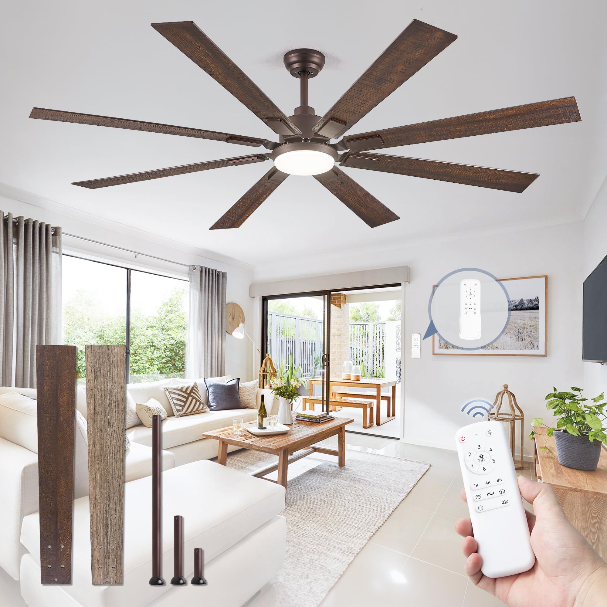 72 inch Oil Rubbed Bronze Ceiling Fans with Lights and Remote, Indoor/Outdoor Farmhouse Ceiling Fan for Living Room Patio, 6 Speed Reversible Quiet DC Motor, 3CCT, Dual Finish Blades