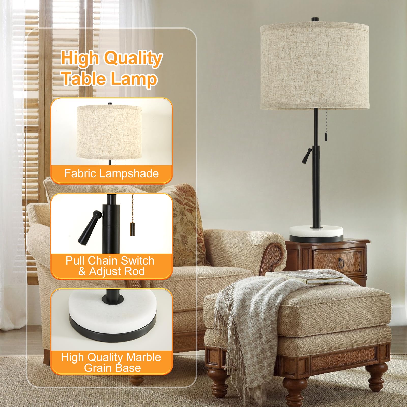 Table Lamp Set of 2, Beside Lamps with USB-C+A Nightstand Lamp with Pull Chain Swtich Modern Led Table Lamp for Living Room, Bedroom & Office-9W Led Bulbs Included(Matte Black)