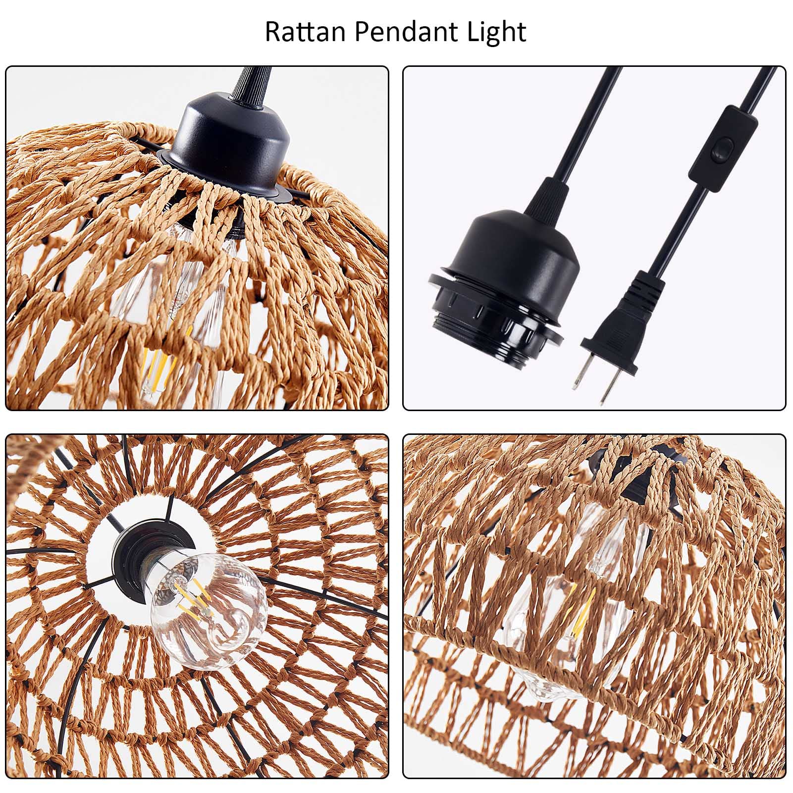 Plug in Pendant Light Rattan Hanging Lamp with 15 Ft Hemp Rope Cord, Hanging Lights with Plug in Cord, Woven Boho Wicker Basket Lamp Shade Plug in Ceiling Light Fixture for Kitchen Island (Cream)