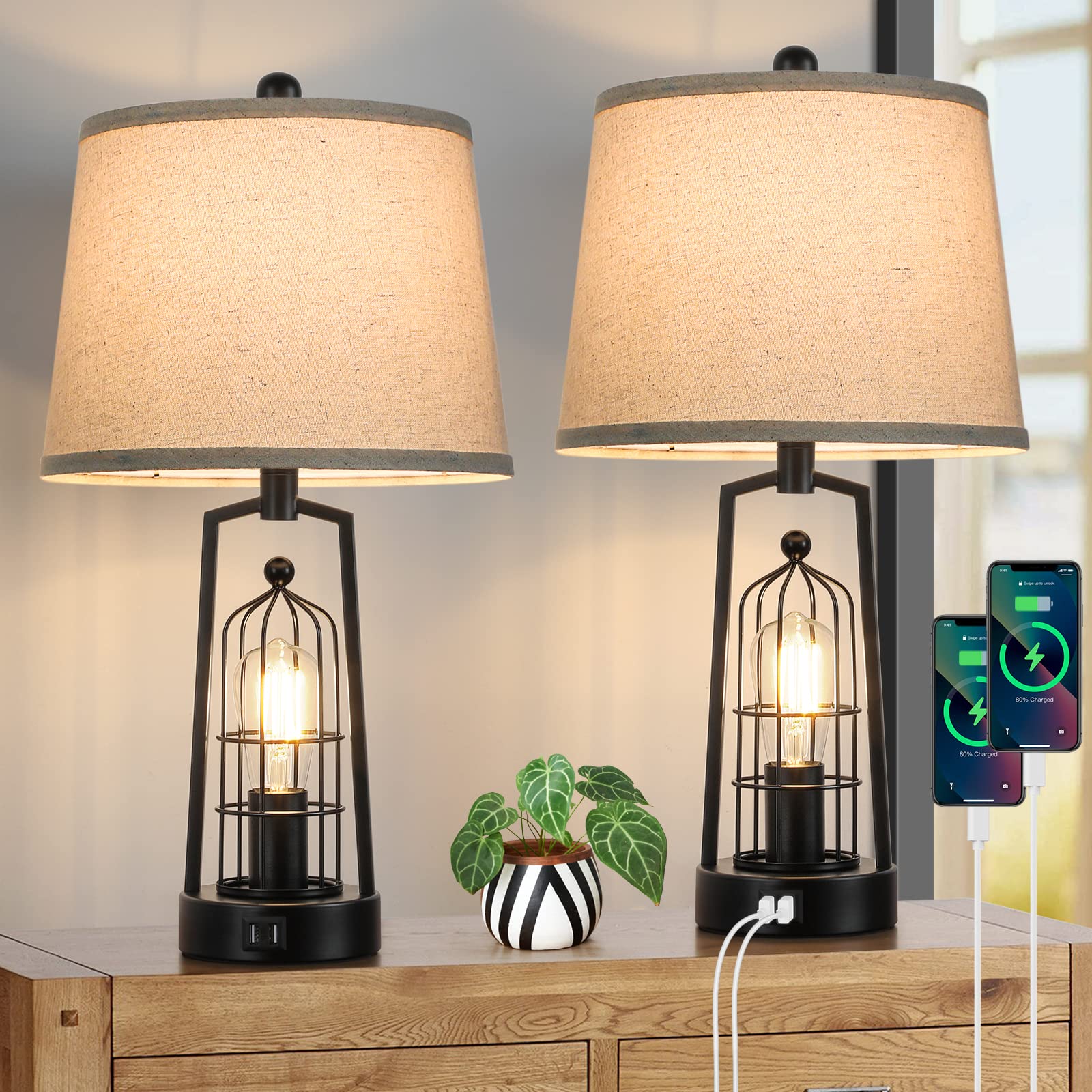 Farmhouse Table Lamps with 2 USB Ports, Set of 2 Rustic Industrial Desk Lamp for Living Room, 2-Light Black Bedside Lamp, Bedroom Nightstand Lamp with Gray Lampshade for House Decor, Reading