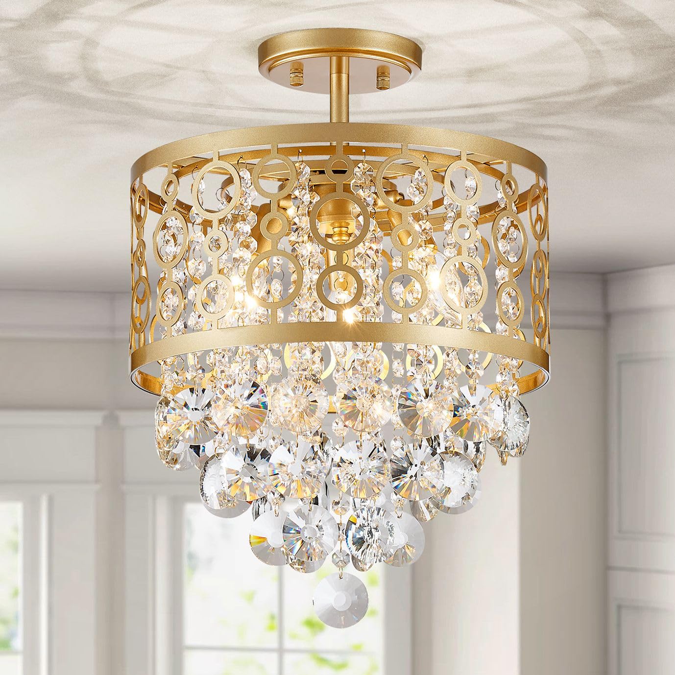 Crystal Drum Chandelier Flushmount Ceiling Light Modern Lighting Fixture for Entry Hallway Kitchen Bathroom Bedroom, H 16.3'' x W 13'', E12 Base, Gold