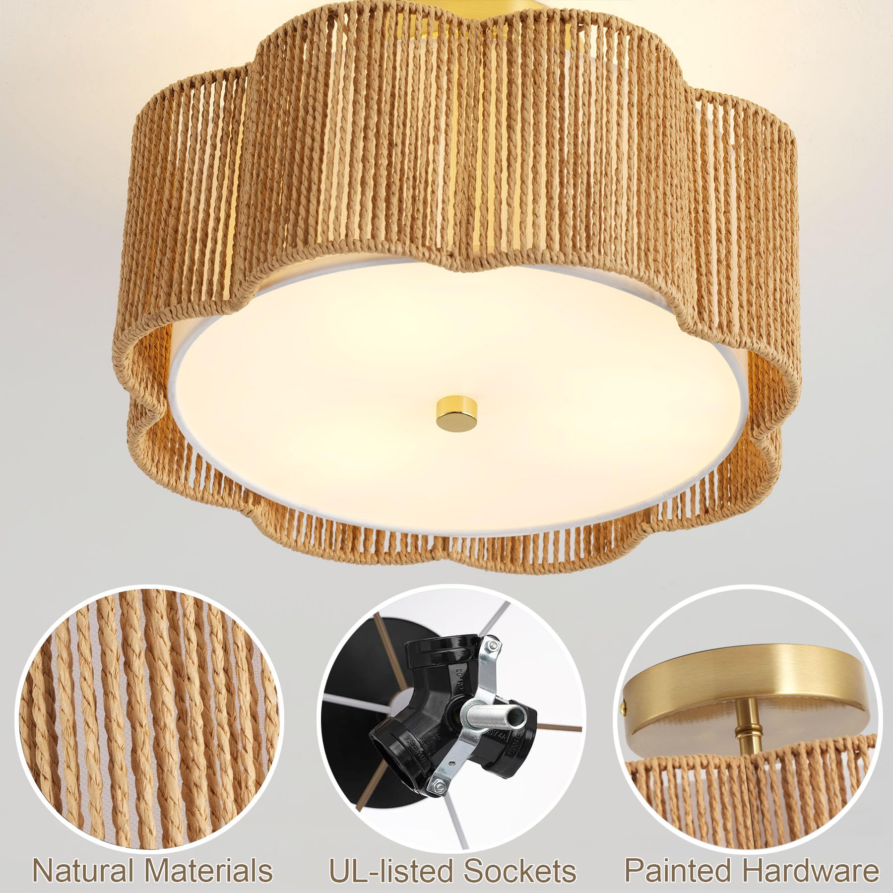 Rattan Ceiling Light Fixtures Flush Mount,3-Light Boho Light Fixtures Ceiling Mount for Bedroom,Close to Ceiling Light Modern Rattan Chandelier Lighting for Hallway Kitchen Dining Room(Yellow)